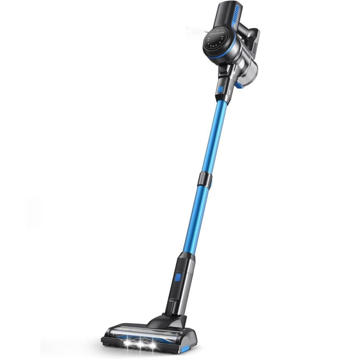 Ein blauer Akku-Staubsauger mit schwarzem Griff und Bürstenkopf.