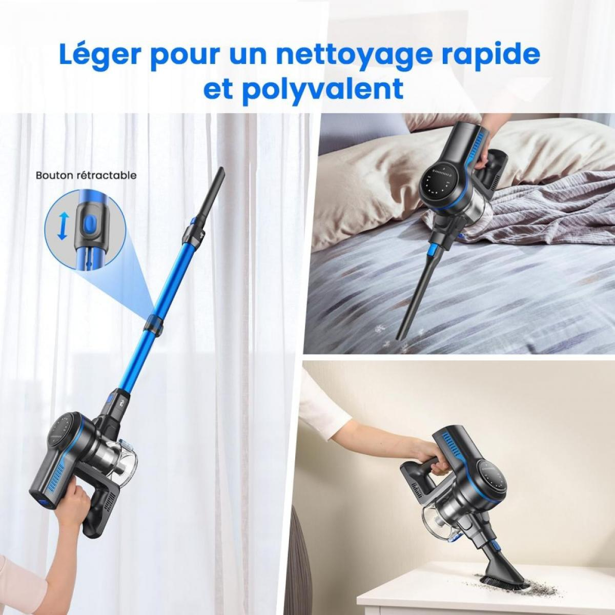 Blauer Handstaubsauger mit ausziehbarem Stiel, der auf einem Bett und auf einer Tischplatte verwendet wird.