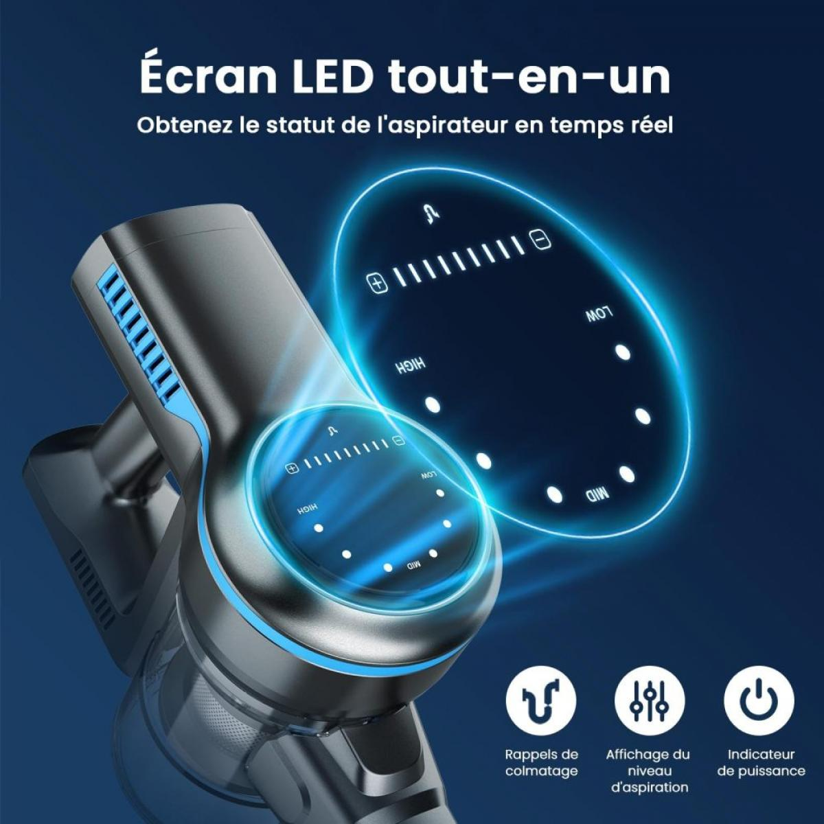 Ein kabelloser Staubsaugergriff mit blauem LED-Display, das die Saugstufe anzeigt.