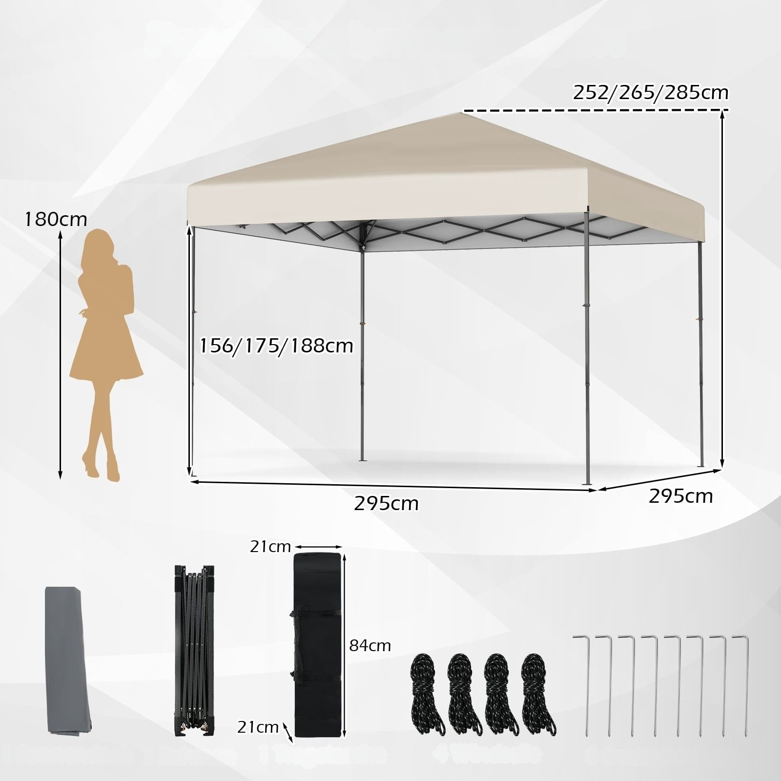 Een uitgeklapte beige partytent met afmetingen en accessoires.