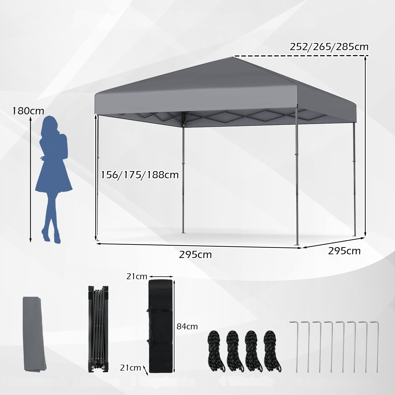 Grijze tent met afmetingen en accessoires zoals touwen en haringen.