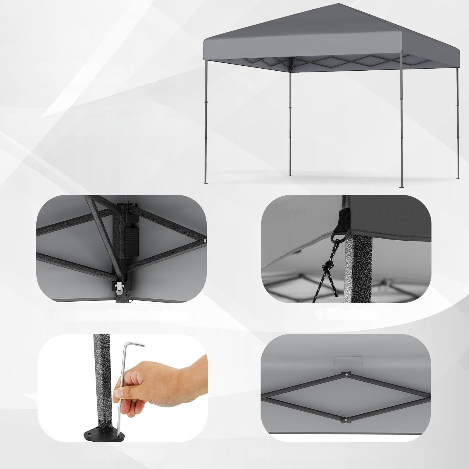 Grijze tentluifel met metalen frame, details van montage en structuur worden getoond.
