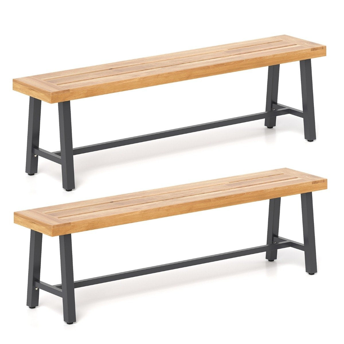 Twee houten banken met donkere metalen poten op witte achtergrond.
