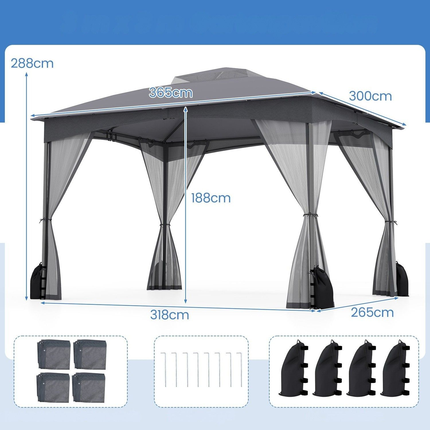 Grijze gazebo met afmetingen, accessoires en gewichtszakken.