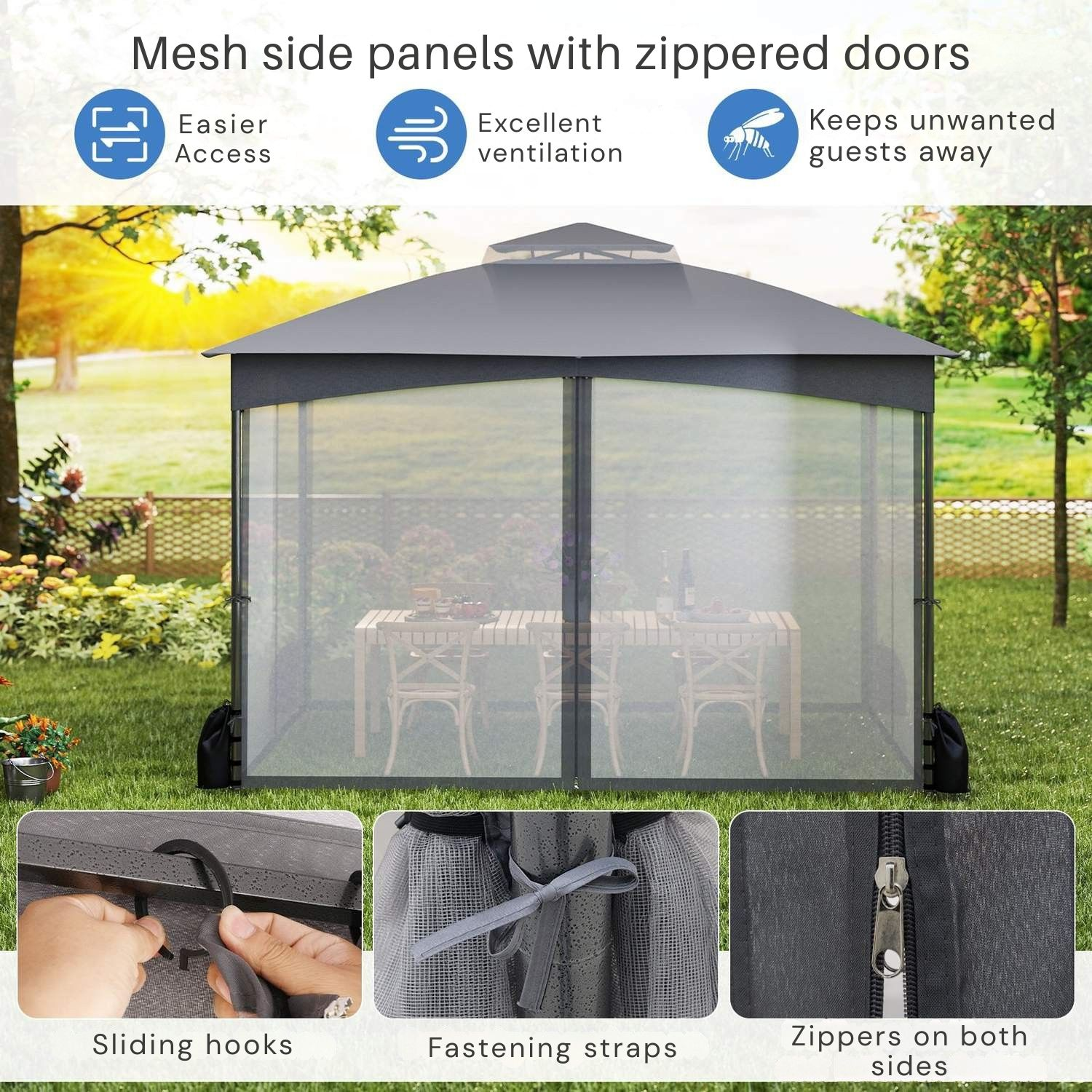 Een gazebo met gaas-zijpanelen en deuren met rits, met een tafel en stoelen buiten.