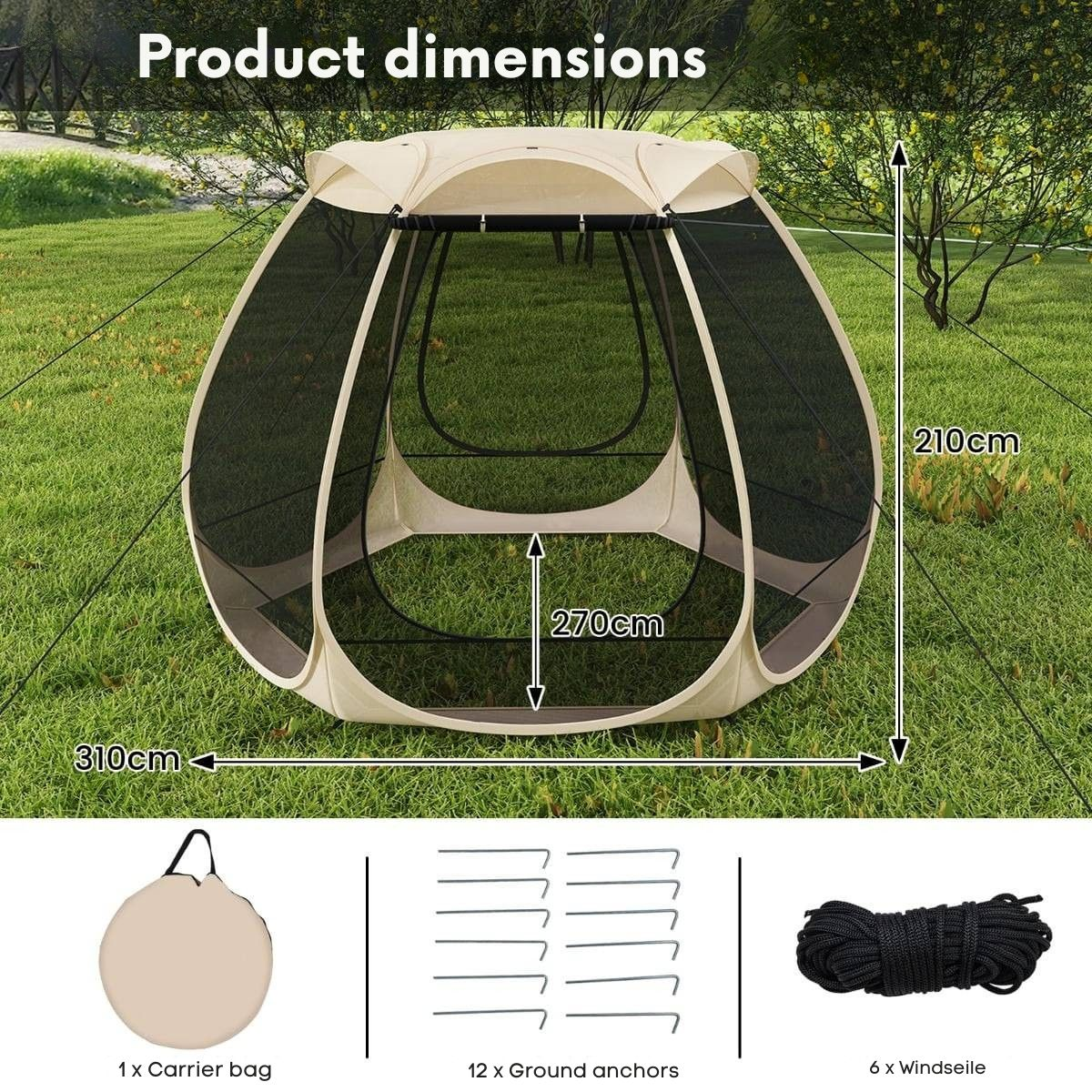 Een pop-up tent met afmetingen 310cm x 270cm x 210cm, inclusief draagtas, ankers en touw.