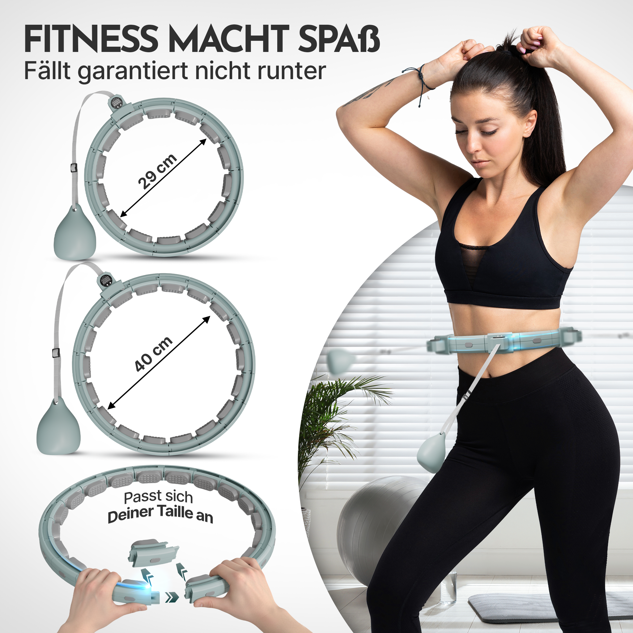 Frau mit Fitnessreifen und Gewichtsball im Hintergrund.