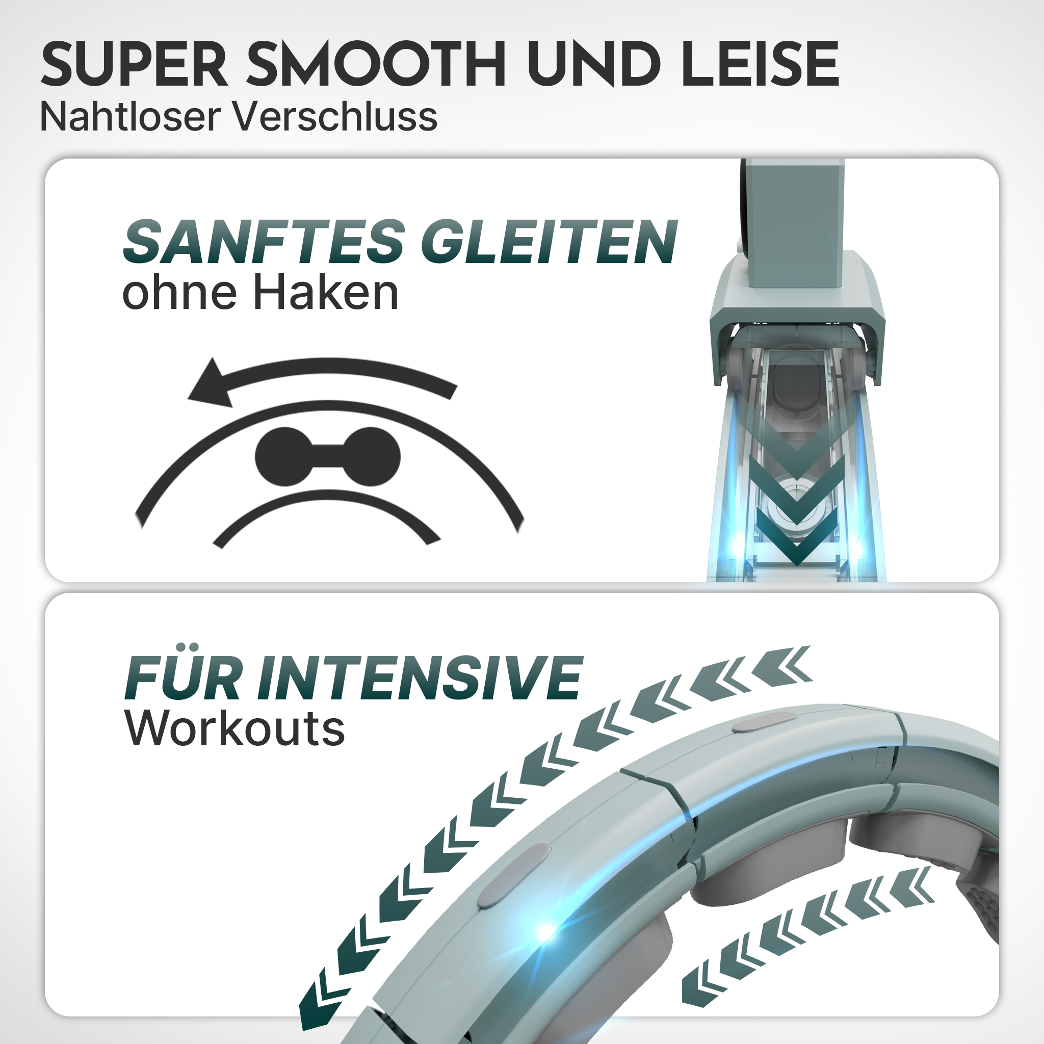 Super glattes, leises Gerät. Obere Hälfte zeigt Mechanismus, untere Hälfte das Gerät für Workouts.