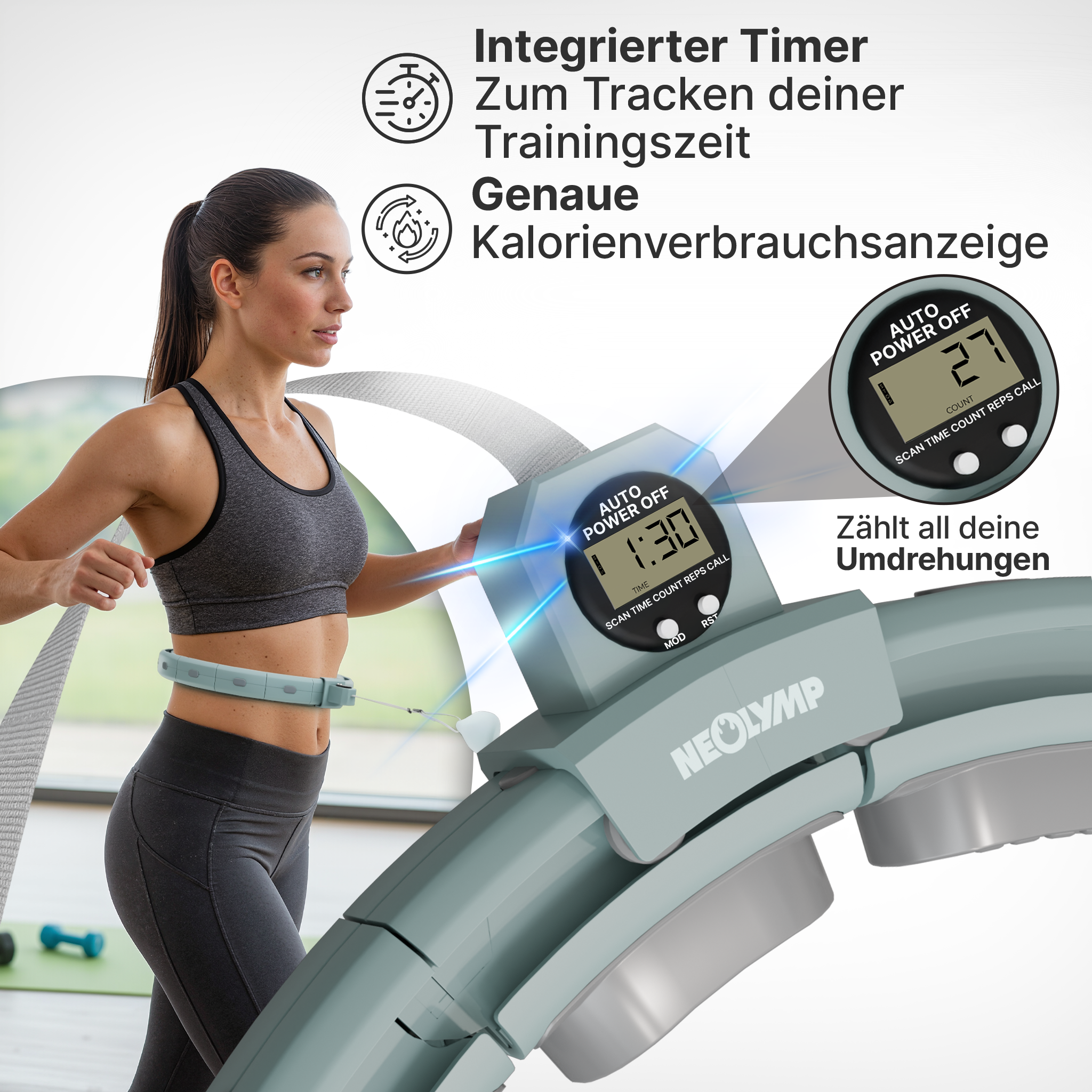 Frau mit Fitnesshula-Hoop, das Zeit und Kalorien zählt.