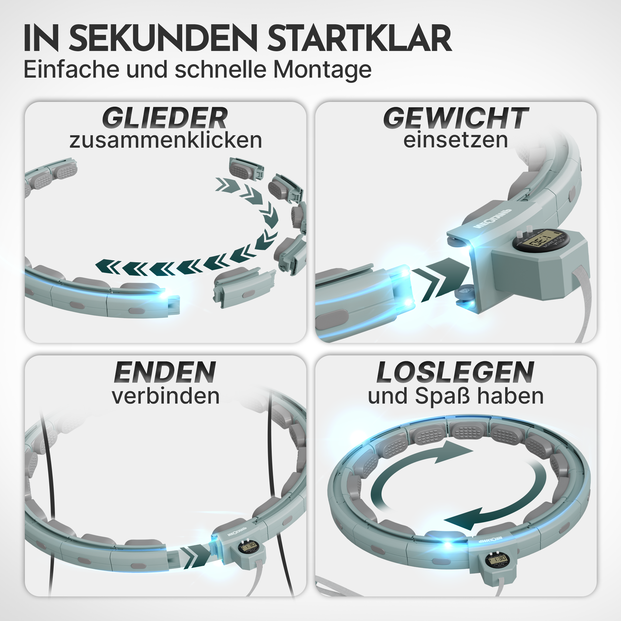 Schritt-für-Schritt-Anleitung für ein smartes Hula-Hoop-Gerät: Glieder, Gewicht, Verbinden, Loslegen.