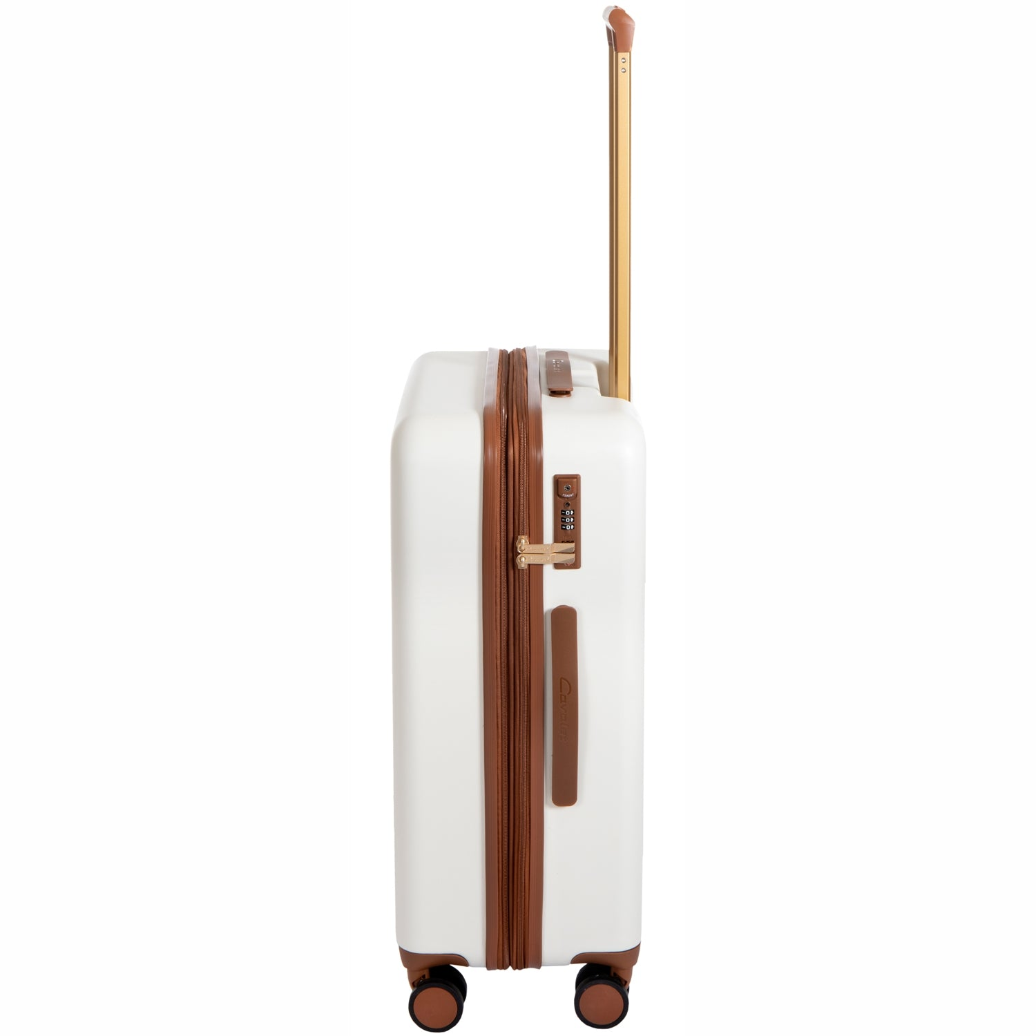 Witte koffer met bruine accenten, gouden trekstang en wielen.