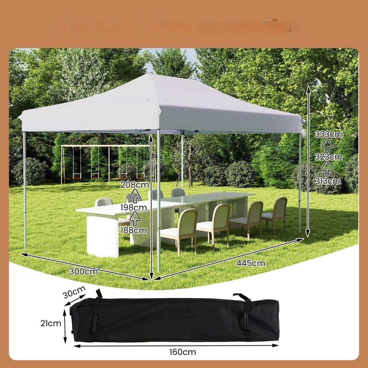 Een witte partytent met tafel en stoelen op een grasveld.