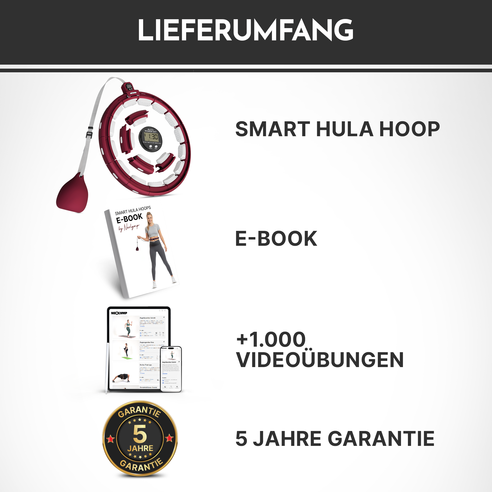 Smart Hula Hoop, E-Book, über 1000 Videoübungen, 5 Jahre Garantie.