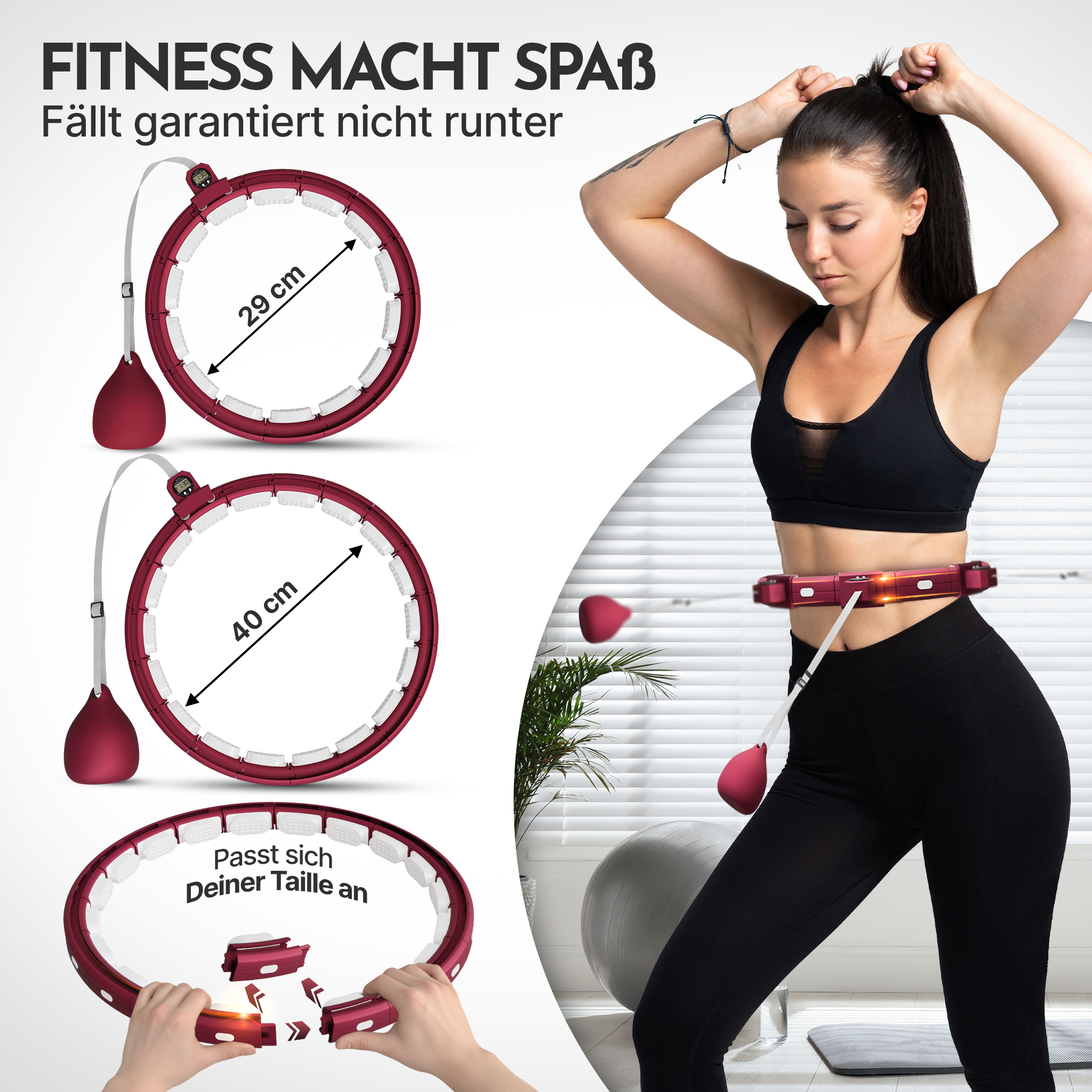 Frau mit Fitness-Hula-Hoop-Reifen, der sich um ihre Taille dreht, im Fitnessstudio.