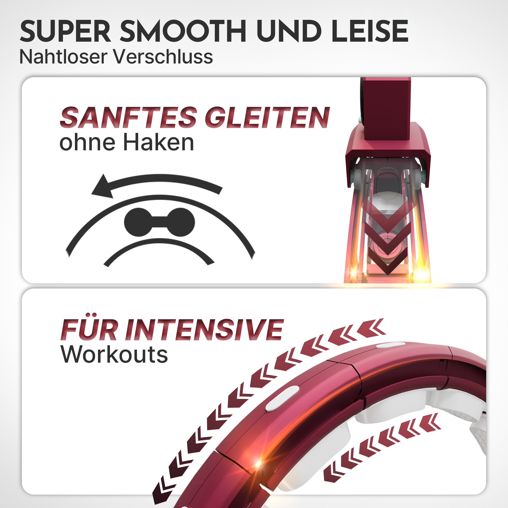 Zwei Abschnitte zeigen ein rotes Gerät mit Aufschriften: Super glatt und leise, nahtloser Verschluss.