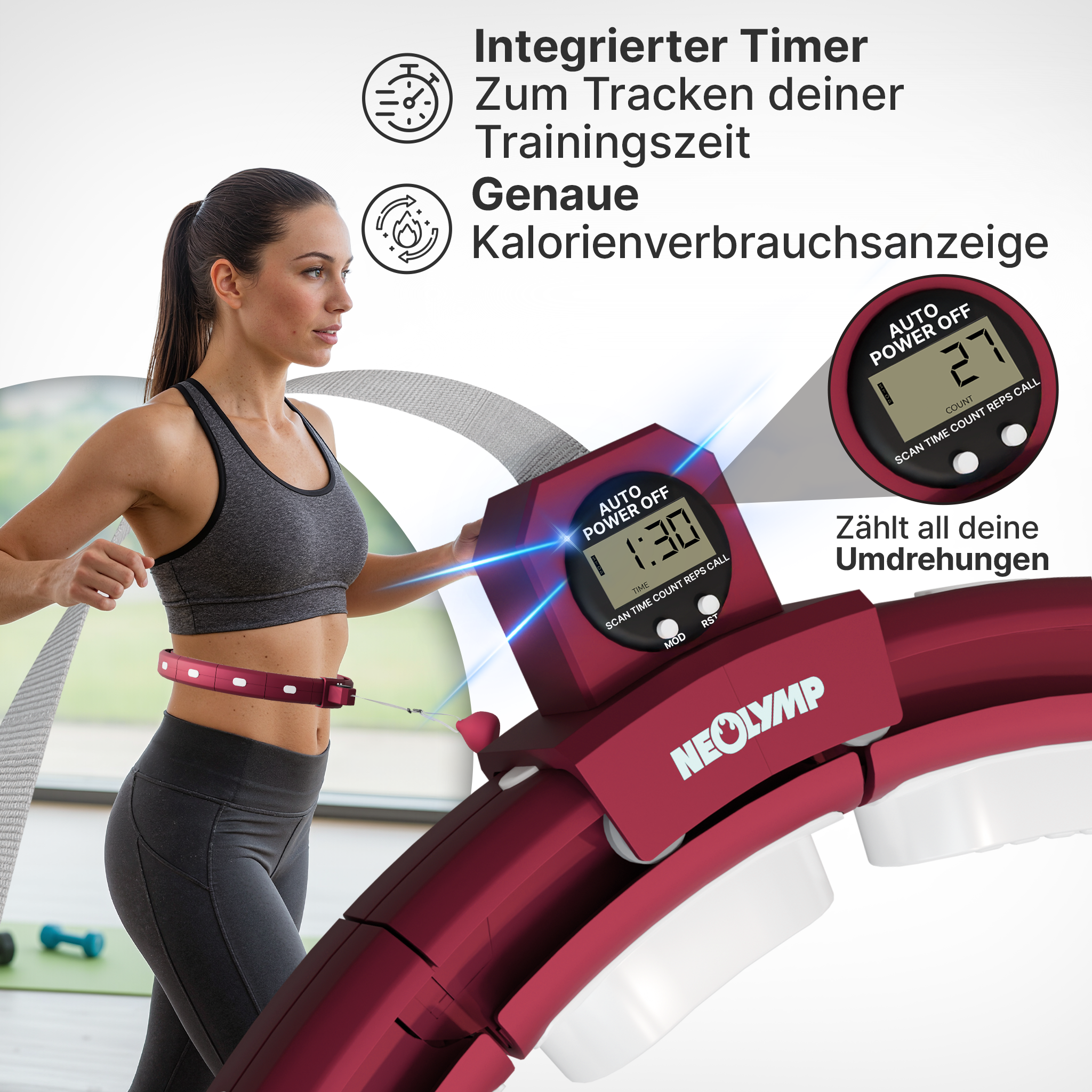 Frau mit Hula-Hoop-Reifen, der Zeit und Kalorien zählt. Anzeige mit 1:30.
