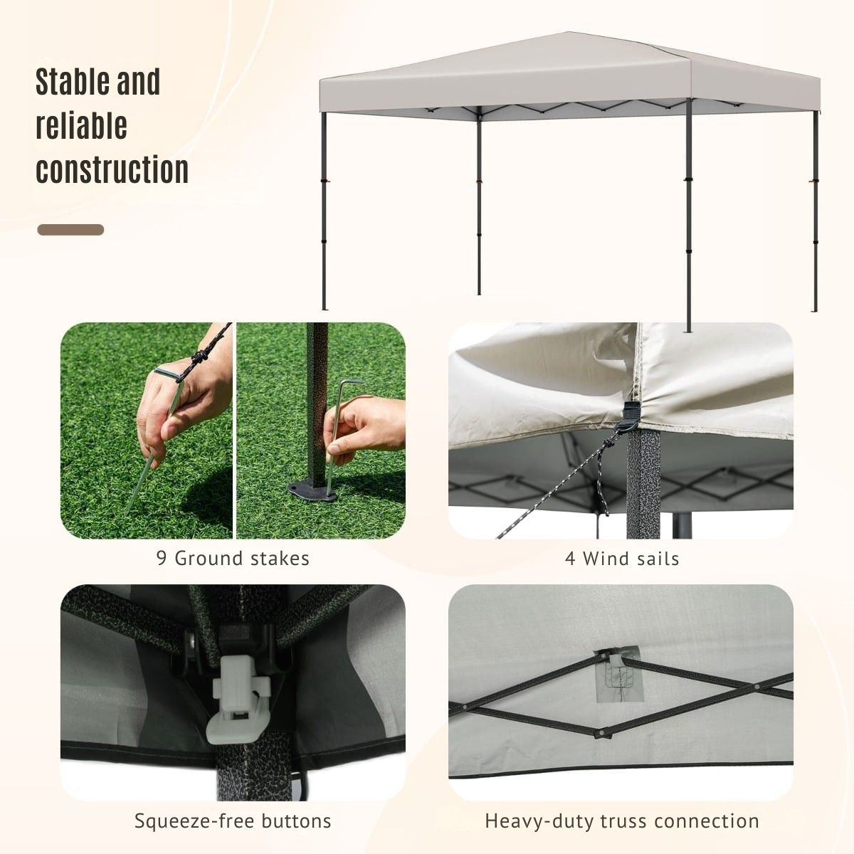 Een lichtgrijze tent met vier palen, met details van grondpennen, windzeilen en verbindingen.