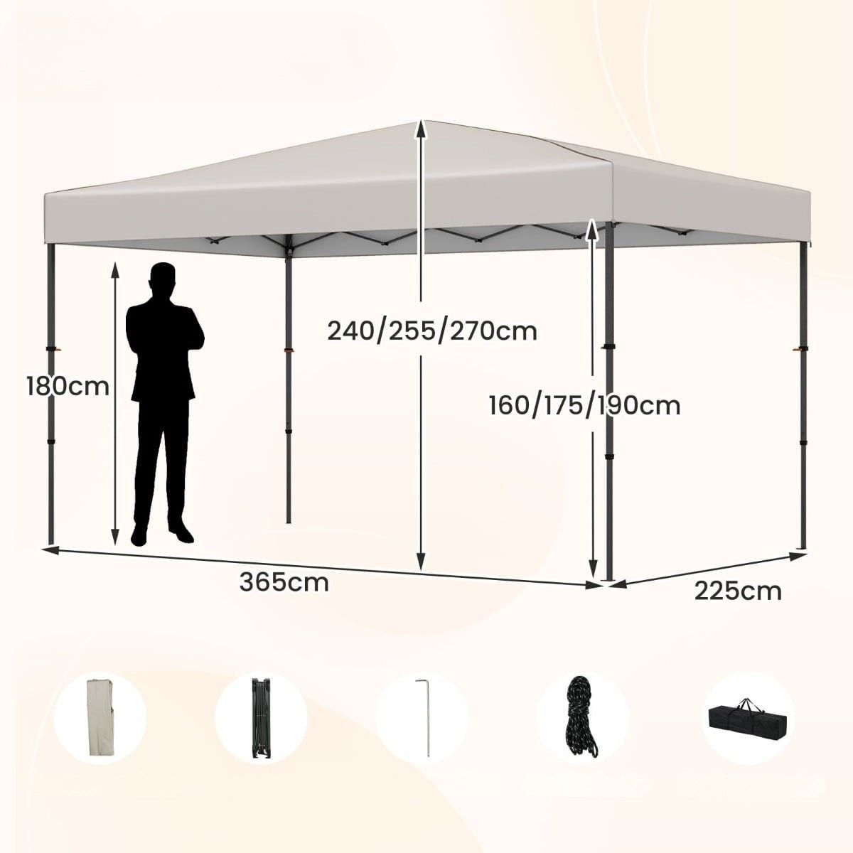 Een man naast een wit paviljoen met afmetingen. Accessoires afgebeeld.