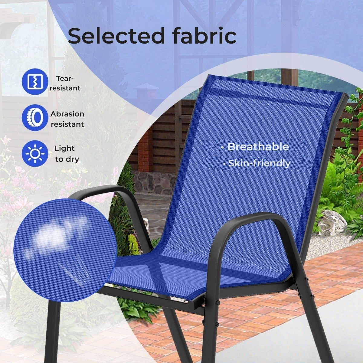 Blauwe stoffen stoel met "Selected fabric" tekst, scheurbestendig, slijtvast, licht en droog.
