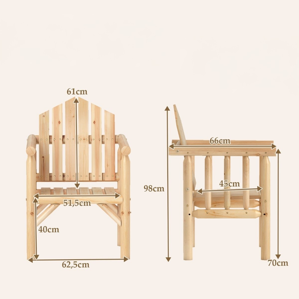 Houten stoel met afmetingen: Hoogte 98cm, Breedte 62,5cm, Zitdiepte 51,5cm.
