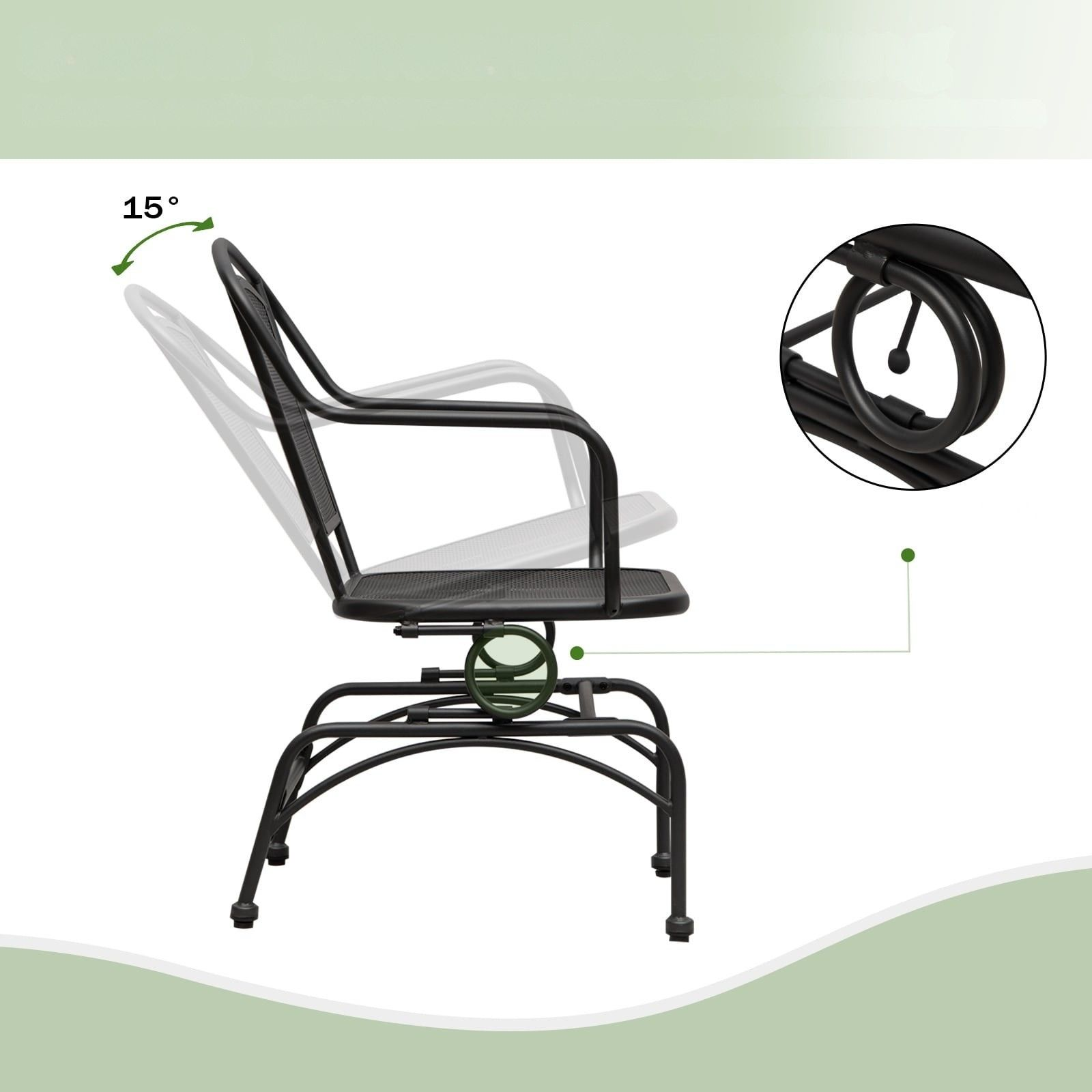 Black swivel chair with reclining back, 15-degree tilt angle shown.