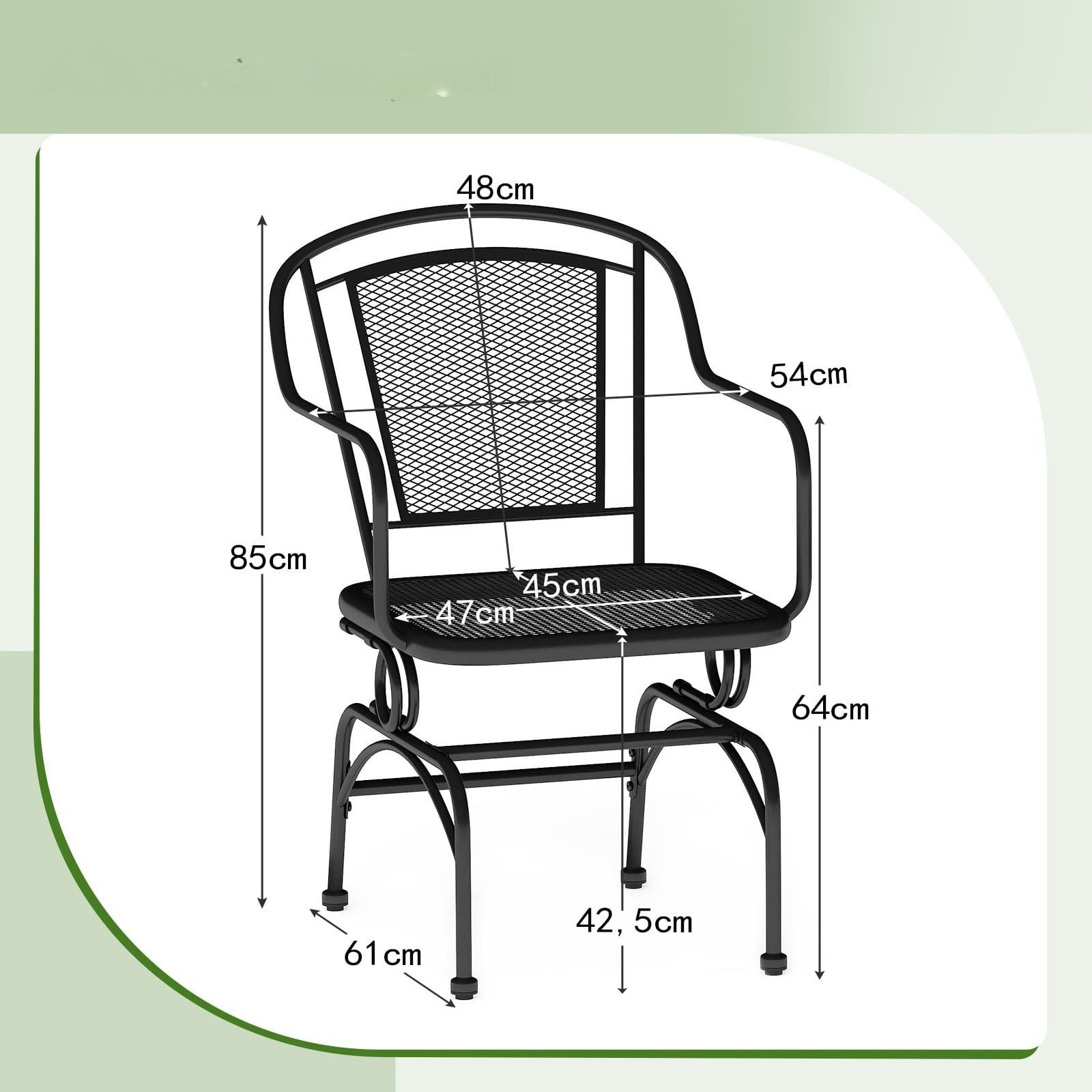 Black metal chair with seat dimensions and height measurements.