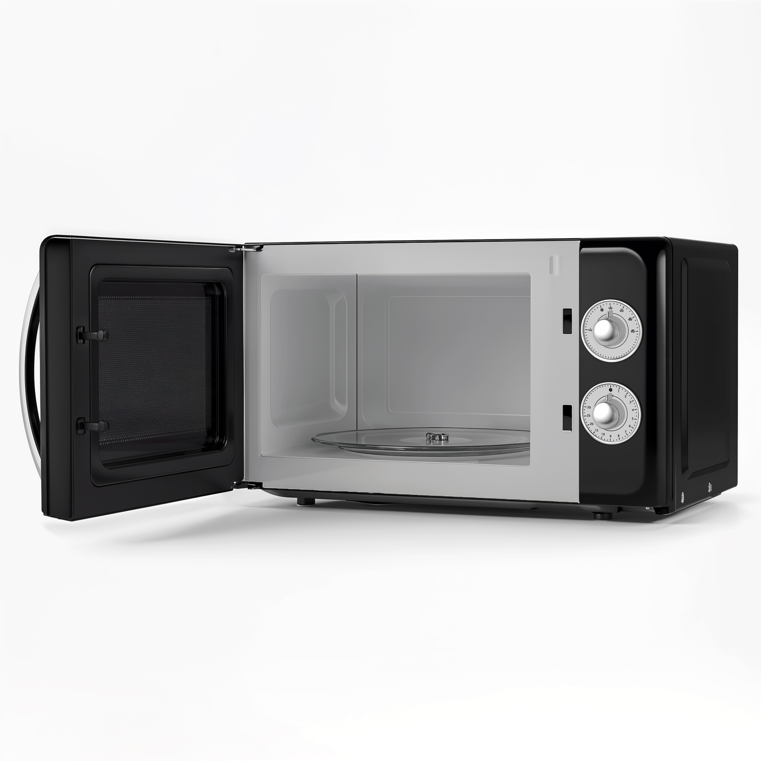 Un microondas negro con la puerta abierta, mostrando el plato giratorio.