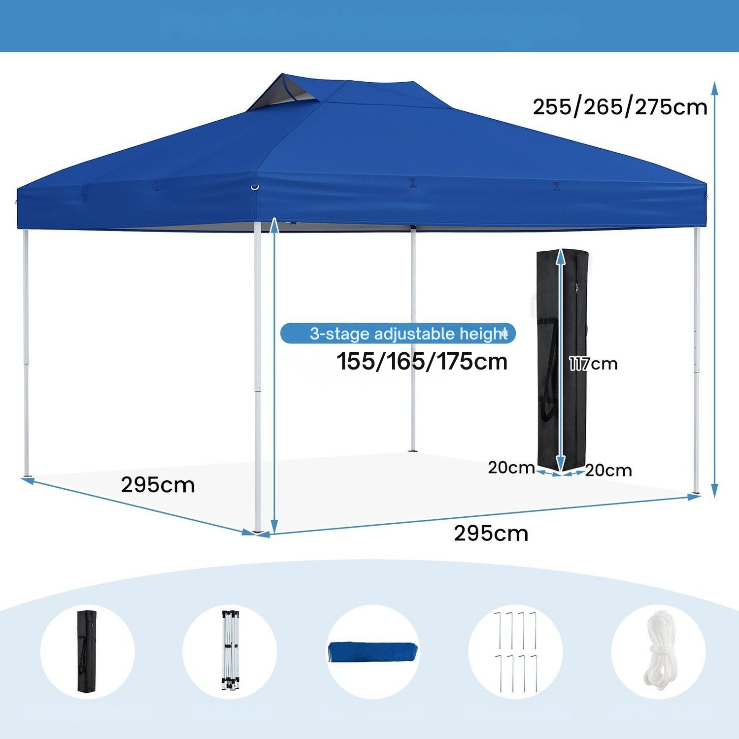 Blauwe tent met afmetingen en verstelbare hoogte.