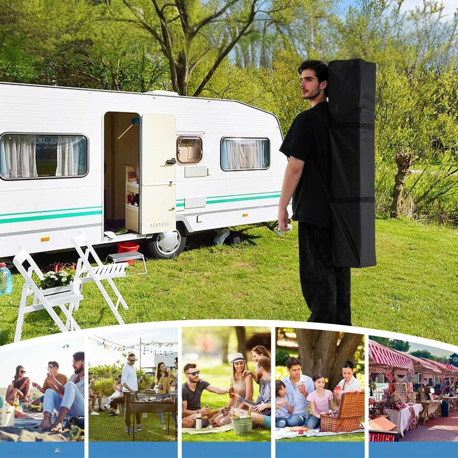 Man draagt zwarte tas bij caravan. Collage toont strandpicknick, barbecue, parkpicknick, marktkraampjes.