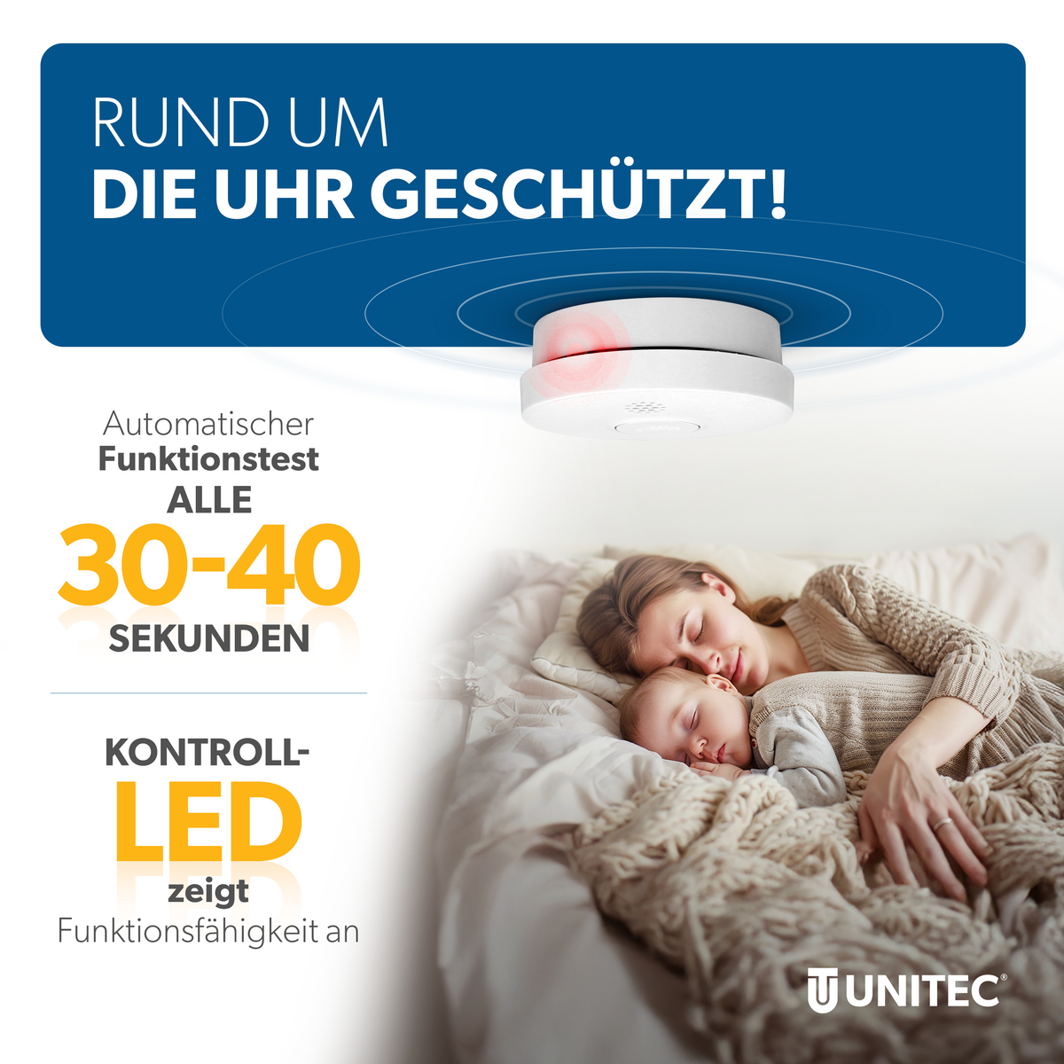 Rauchmelder testet automatisch alle 30-40 Sekunden. Eine Mutter schläft mit Baby.