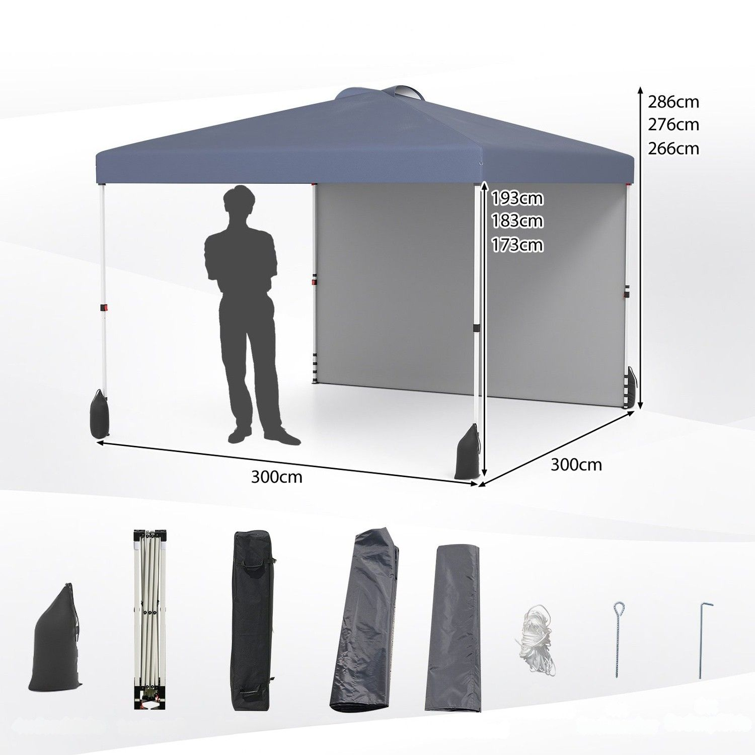 Een blauwe partytent met afmetingen en accessoires.