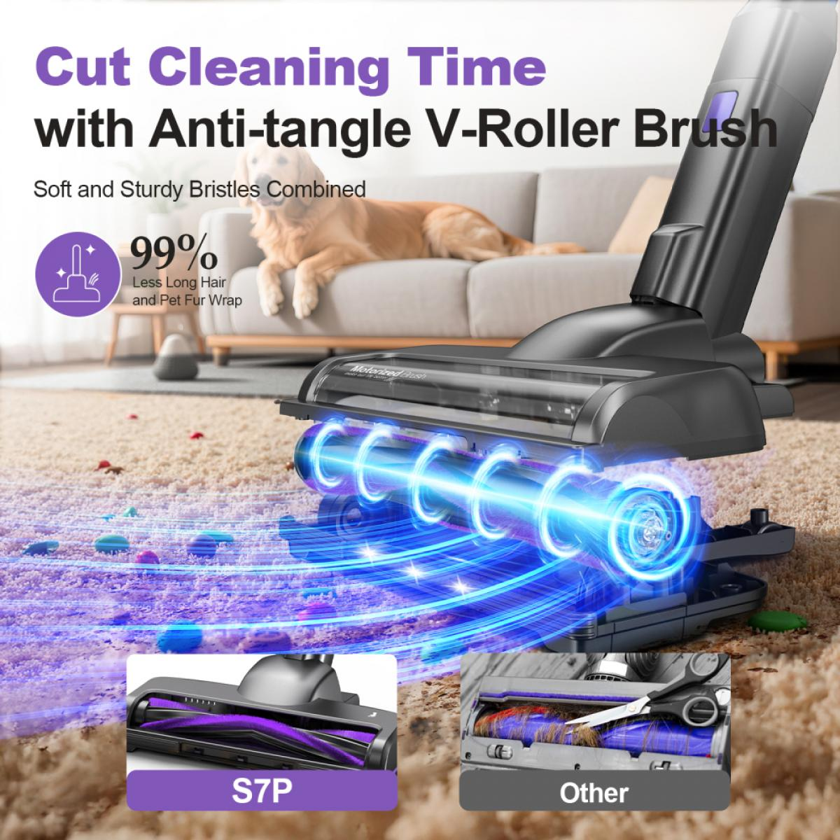 Staubsaugerbürste mit V-Rollen-Design, reduziert Haarwickel. Hund im Hintergrund.