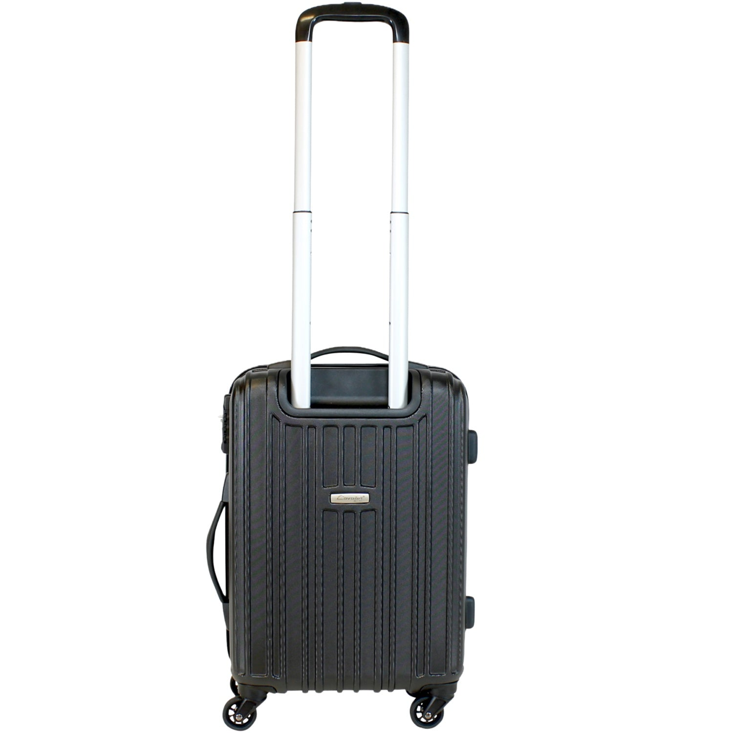 A black wheeled suitcase with a retractable handle against a white background.