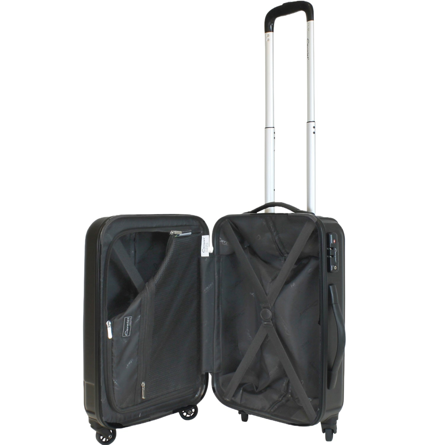 An open black suitcase with a pull handle and wheels on a white background.