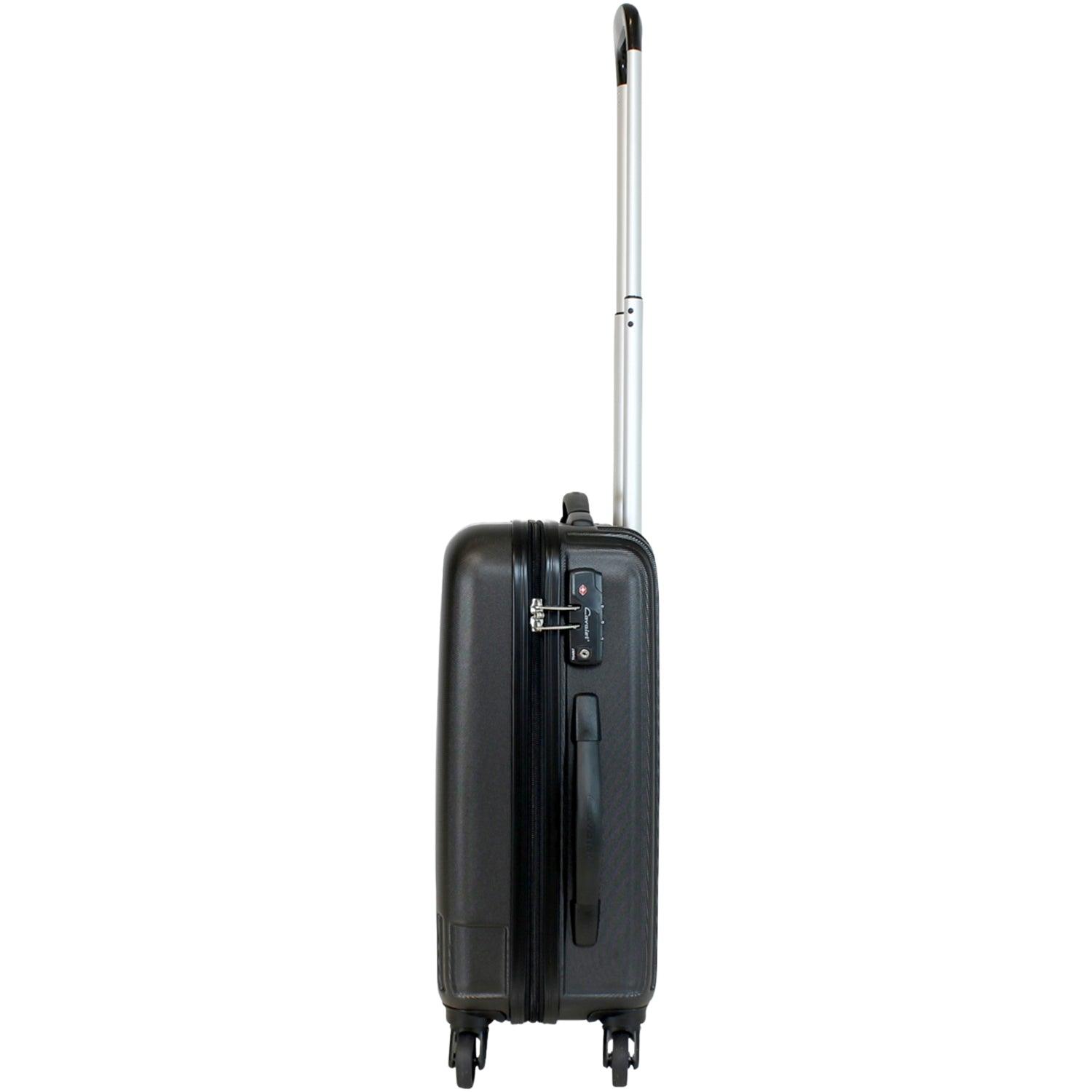 A black suitcase with a retractable handle and wheels, isolated on white.