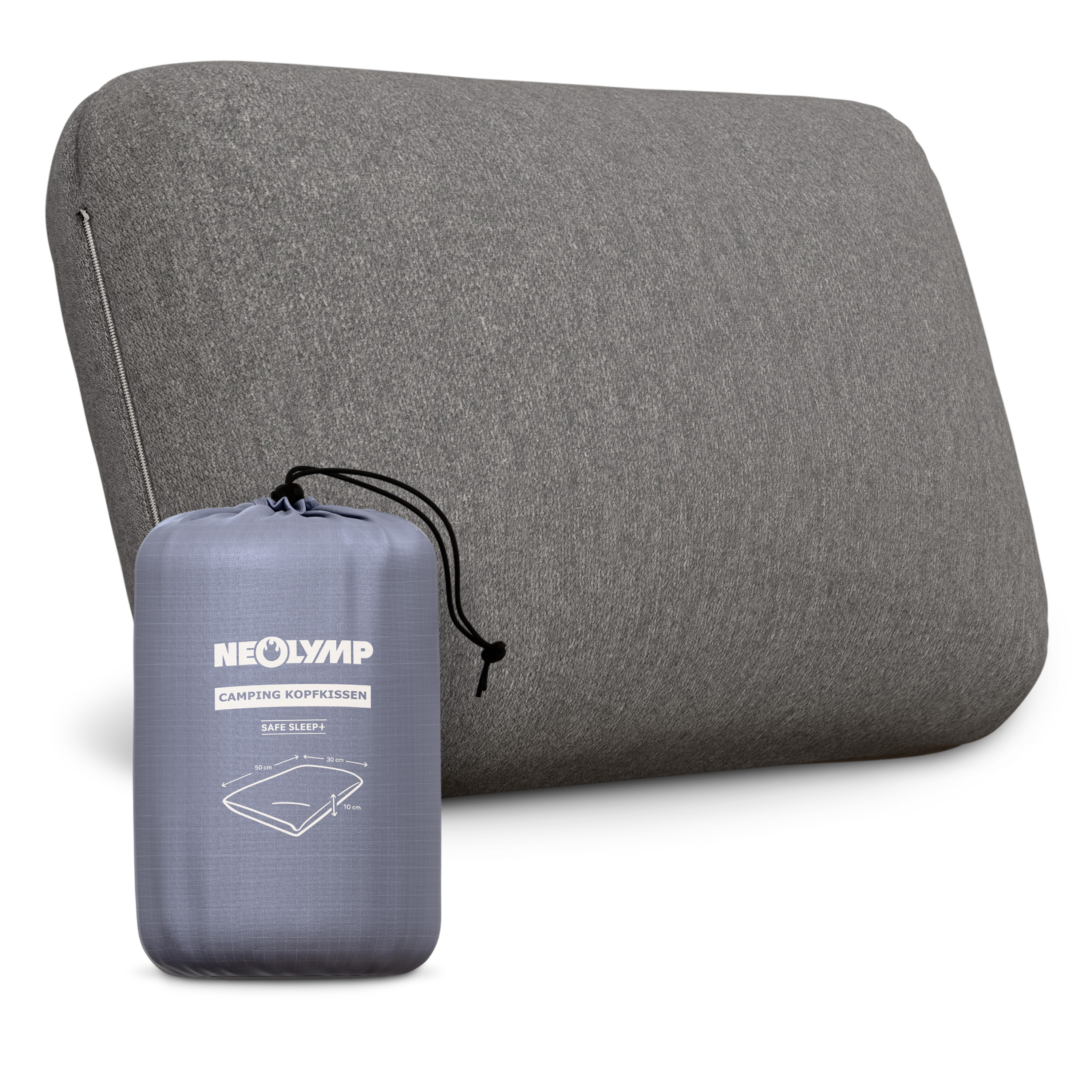 Graues Nackenkissen mit integriertem Packsack und Beschriftung.