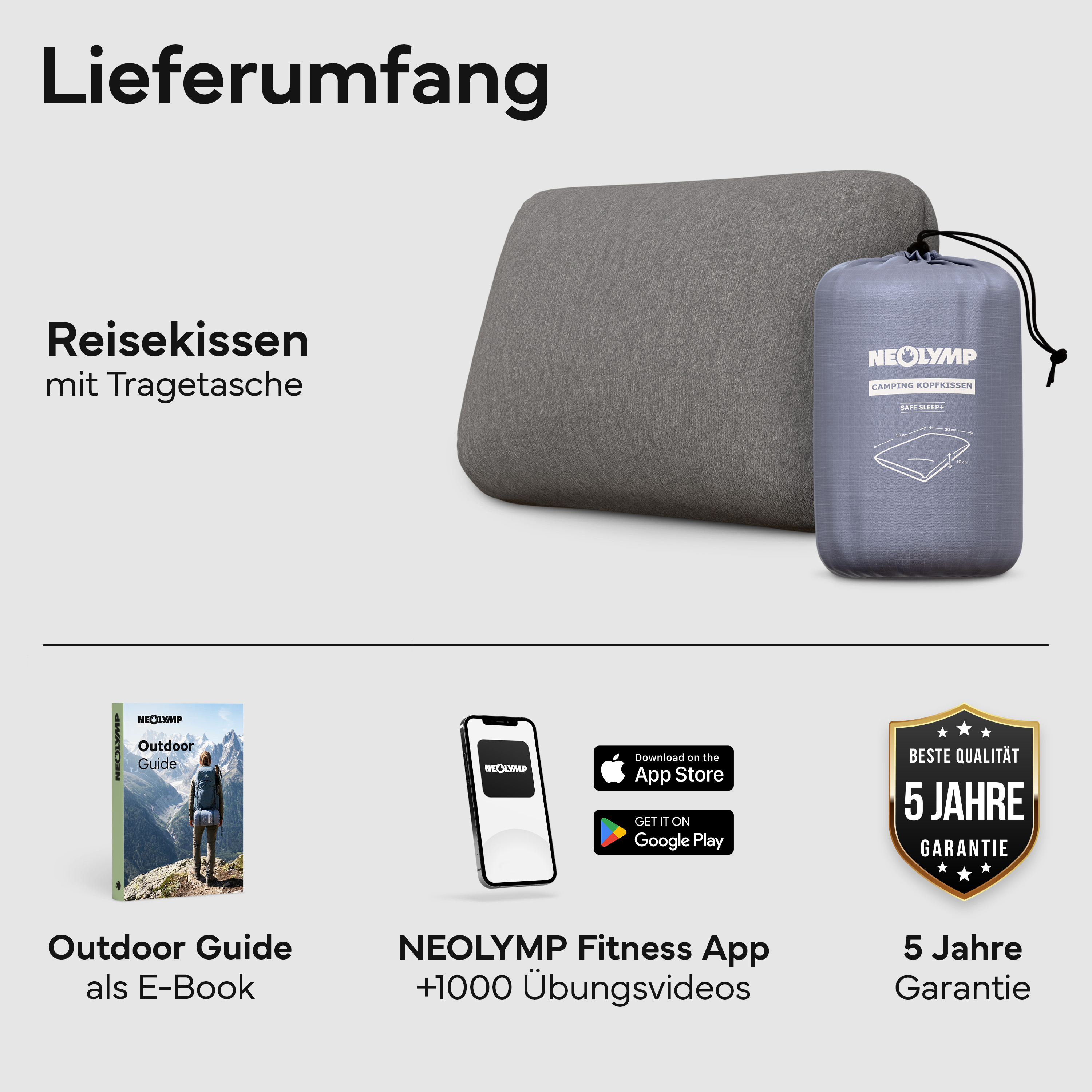 Lieferumfang: Reisekissen mit Tragetasche, Outdoor Guide E-Book, App & Garantie.