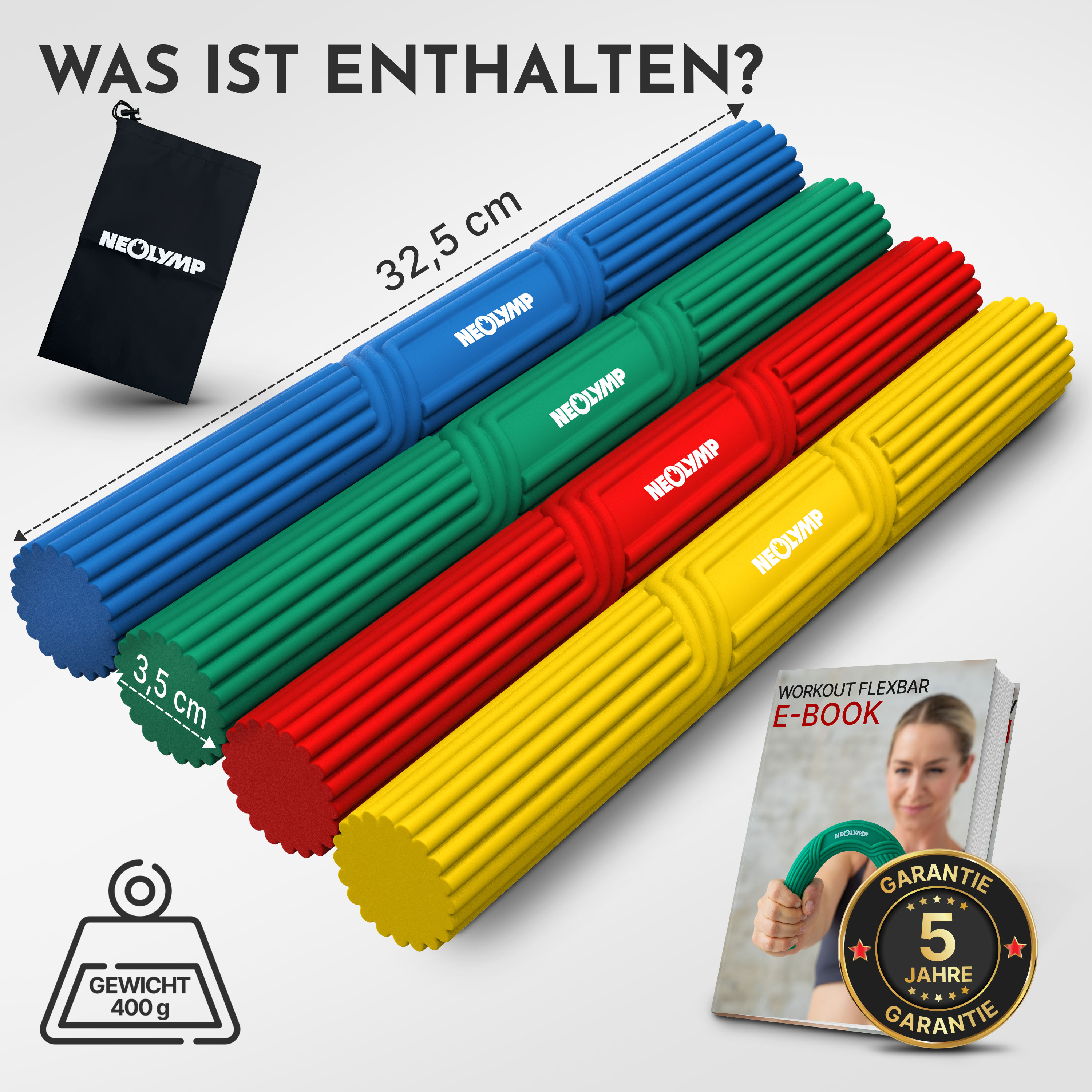 Vier bunte Flexbars mit Zubehör: Tasche, E-Book und Gewichtsangabe.