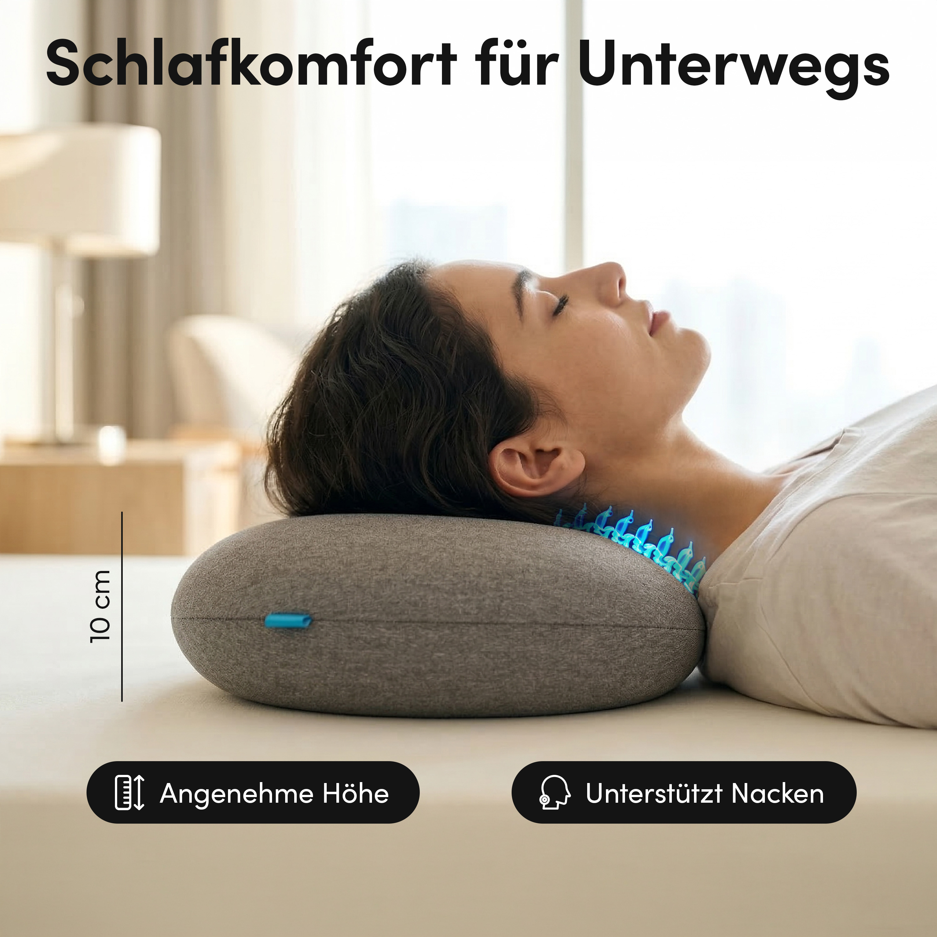 Frau liegt auf einem Kissen, das ihren Nacken stützt. Blaue Lichter zeigen Nackenunterstützung.