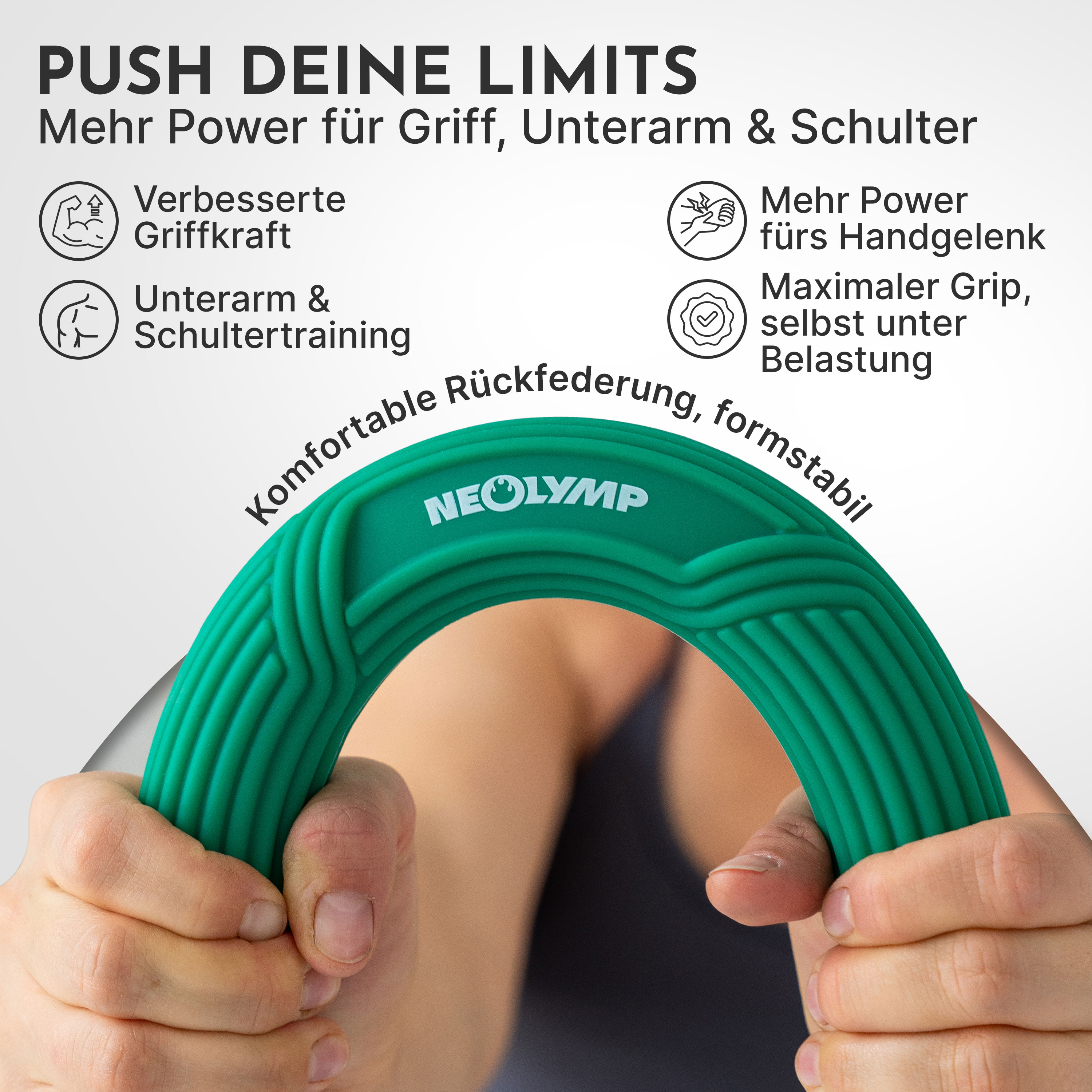 Grüne Neolymp Grip-Trainingshilfe wird von Händen gehalten. Text hebt Vorteile hervor.