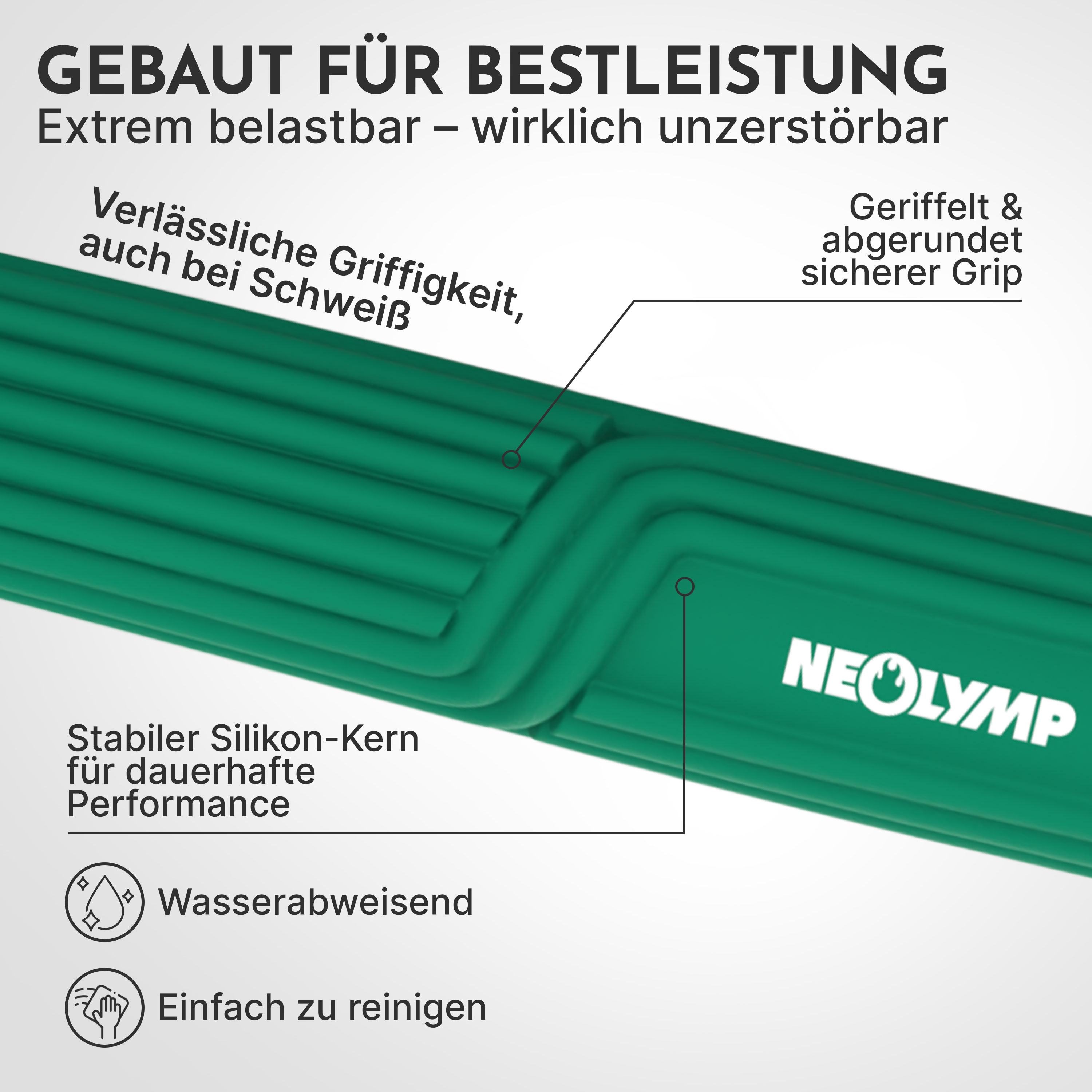 Grünes Produkt mit Text: Gebaut für Bestleistung. Stabile Silikon-Kern.