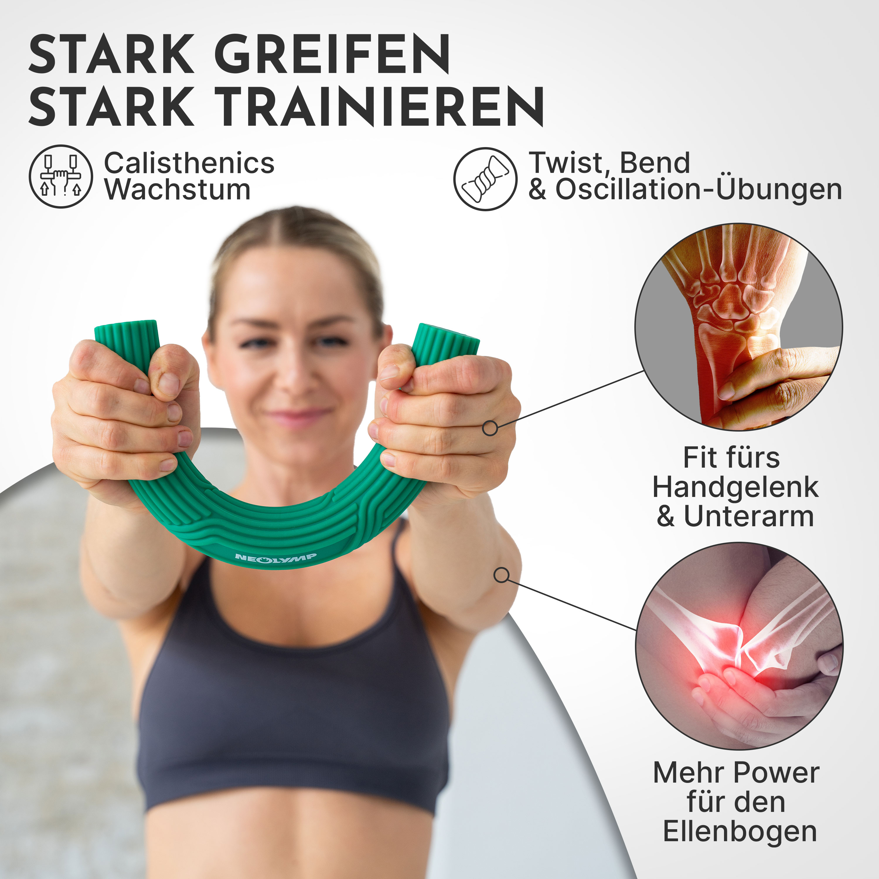 Frau hält ein grünes Trainingsgerät für Handgelenk und Unterarm. Grafiken zeigen Knochen.