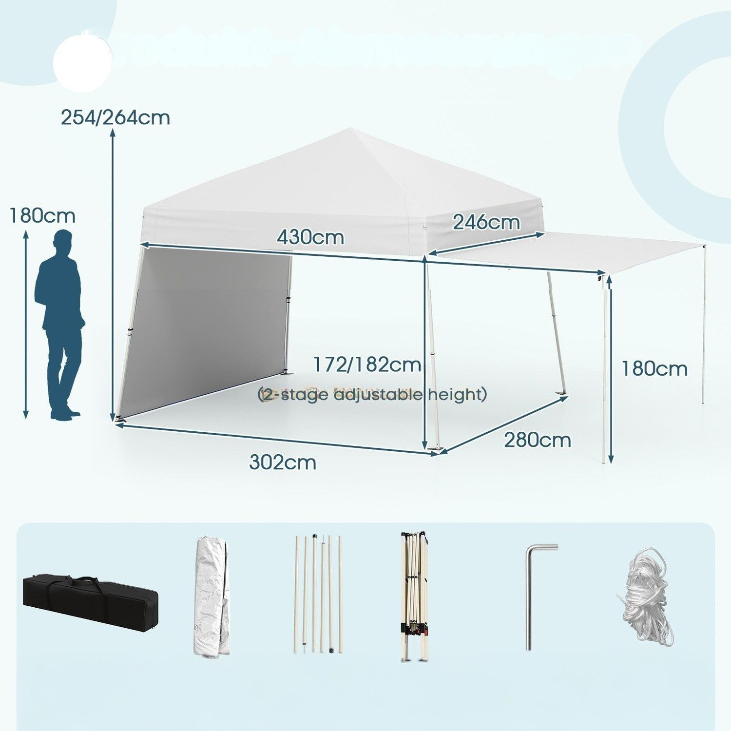 Witte tent met afmetingen. Bevat opgevouwen onderdelen en accessoires.
