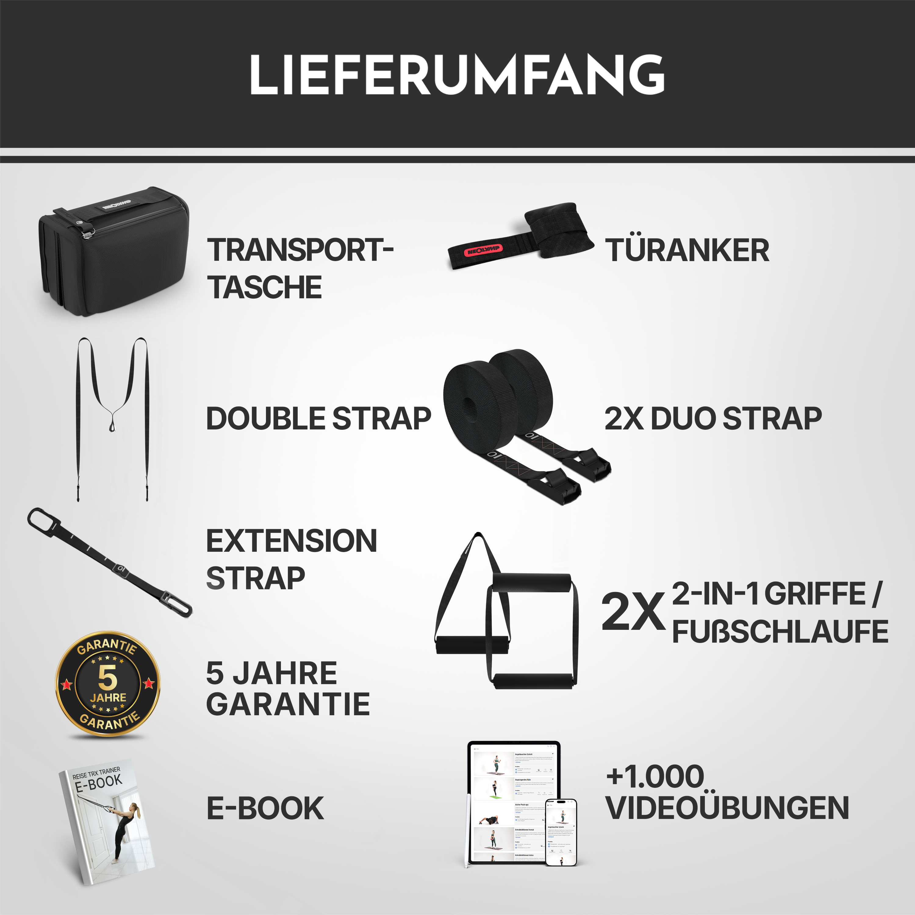 Lieferumfang: Transporttasche, Türanker, 2x Duo Strap, Extension Strap, 2x Griffe/Fußschlaufe, E-Book.