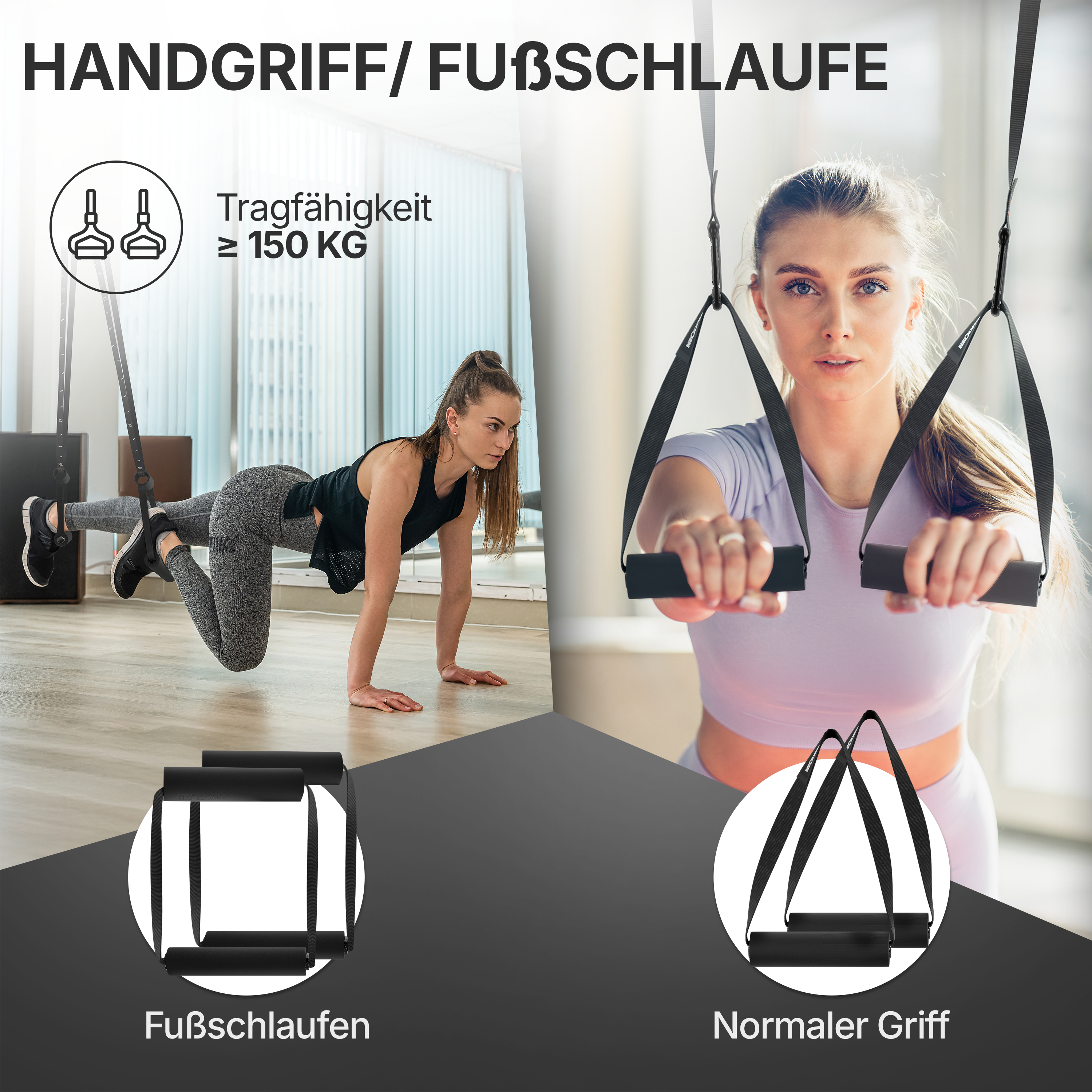 Frau trainiert mit Schlingentrainer, zwei Griffvarianten gezeigt.