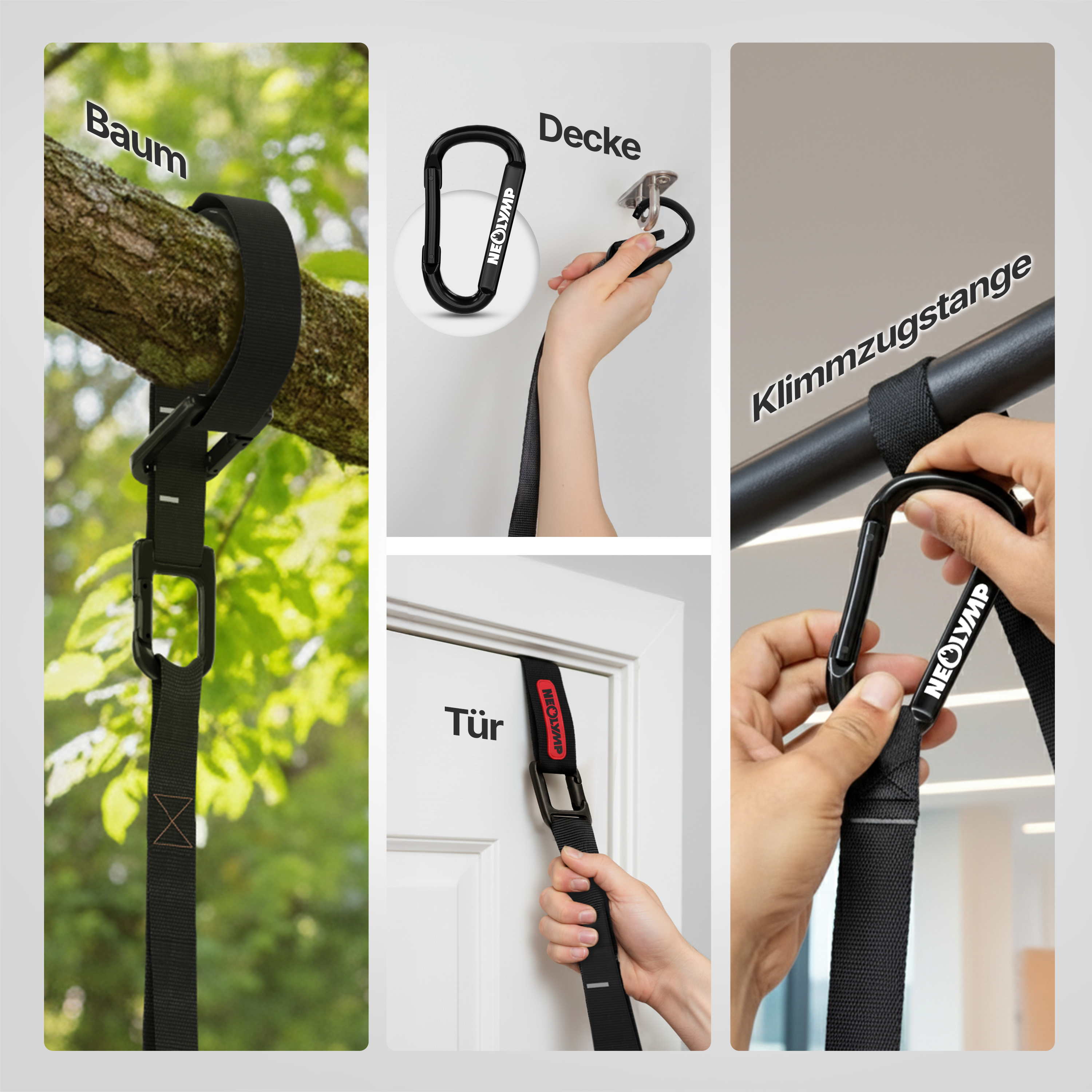 Schwarzer Gurt mit Karabiner an Baum, Türrahmen und Klimmzugstange.