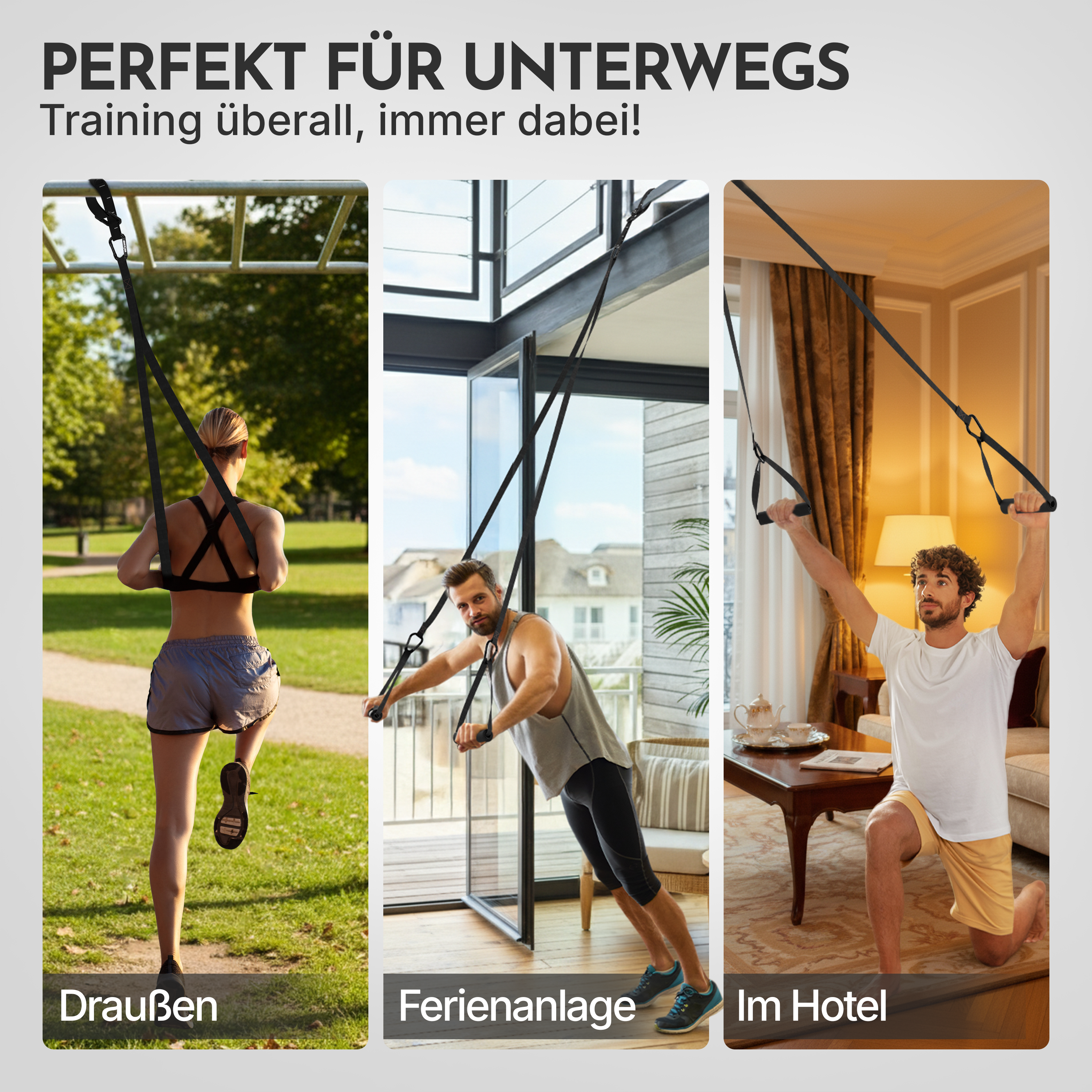Drei Szenen: Frau trainiert draußen, Mann in Ferienanlage, Mann im Hotel.