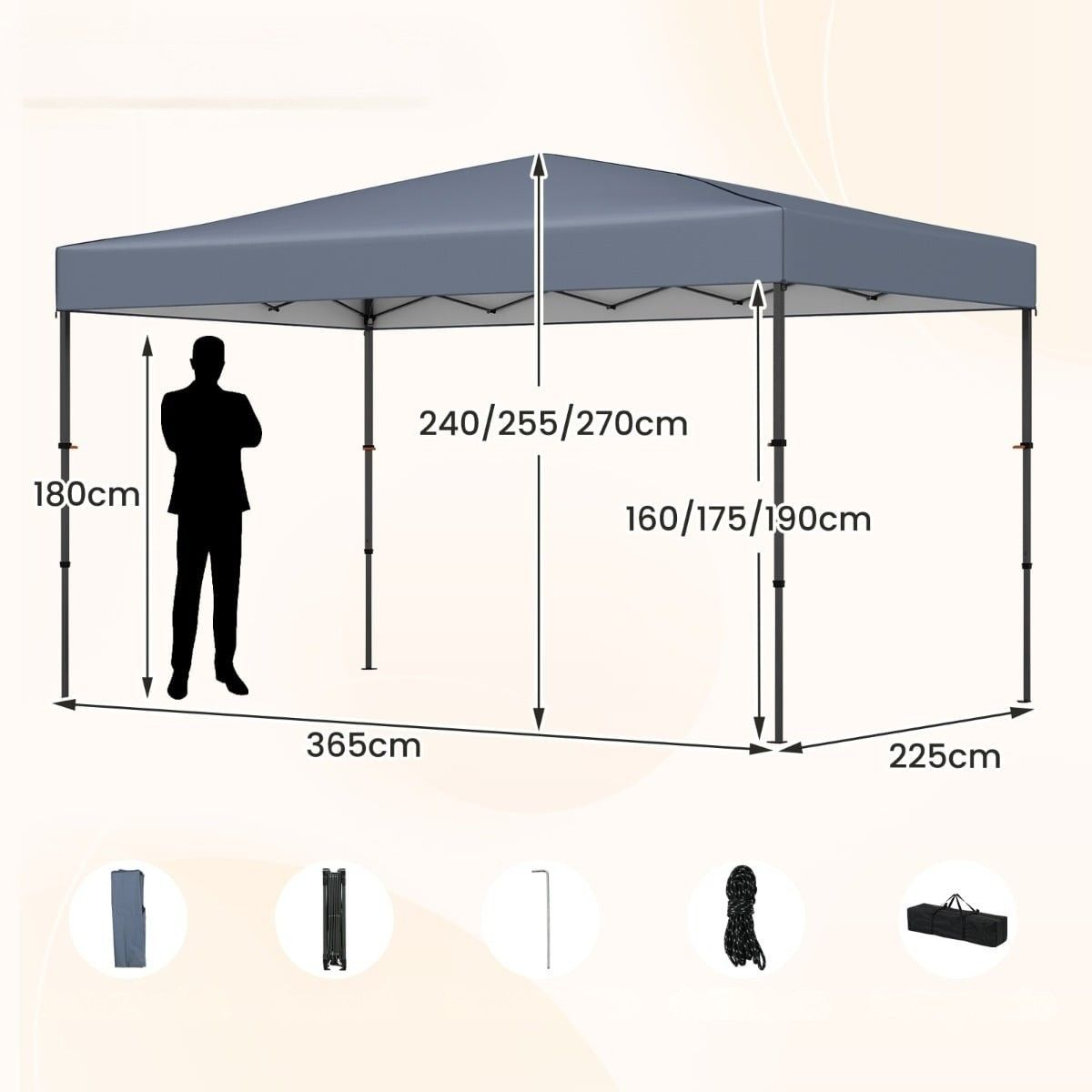 Grijze tent met afmetingen en een stickfiguur ter groottevergelijking.