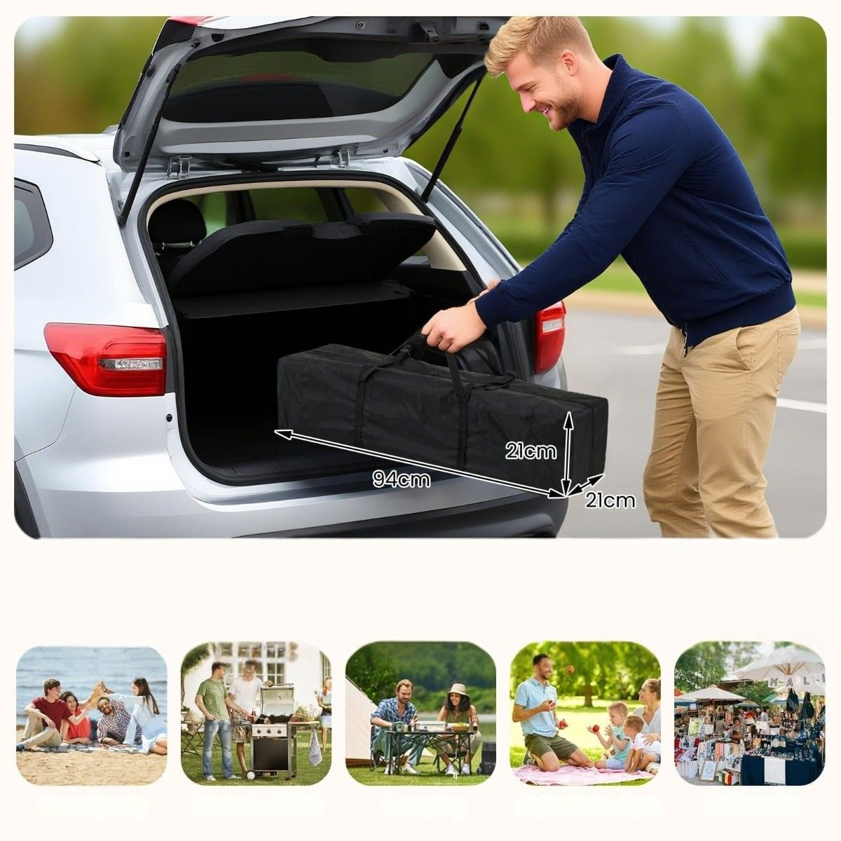 Man laadt zwarte tas in auto. Afmetingen: 94x21x21cm.