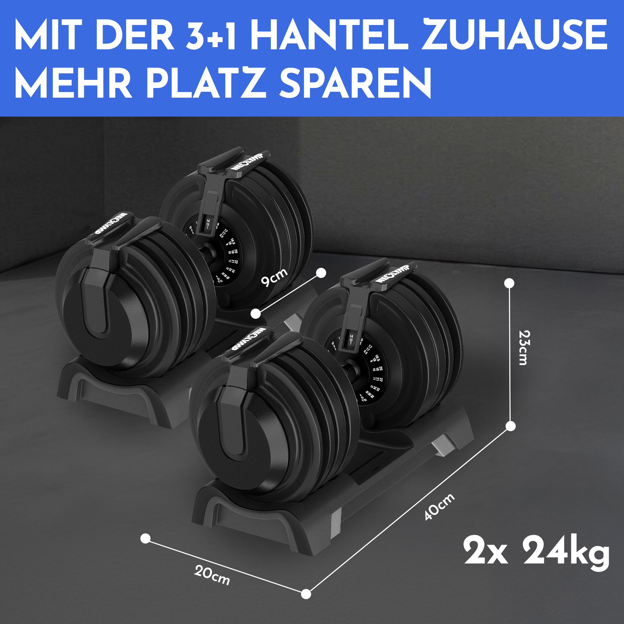 Zwei verstellbare Hanteln, je 24kg, auf schwarzen Ständern. Maße angegeben.